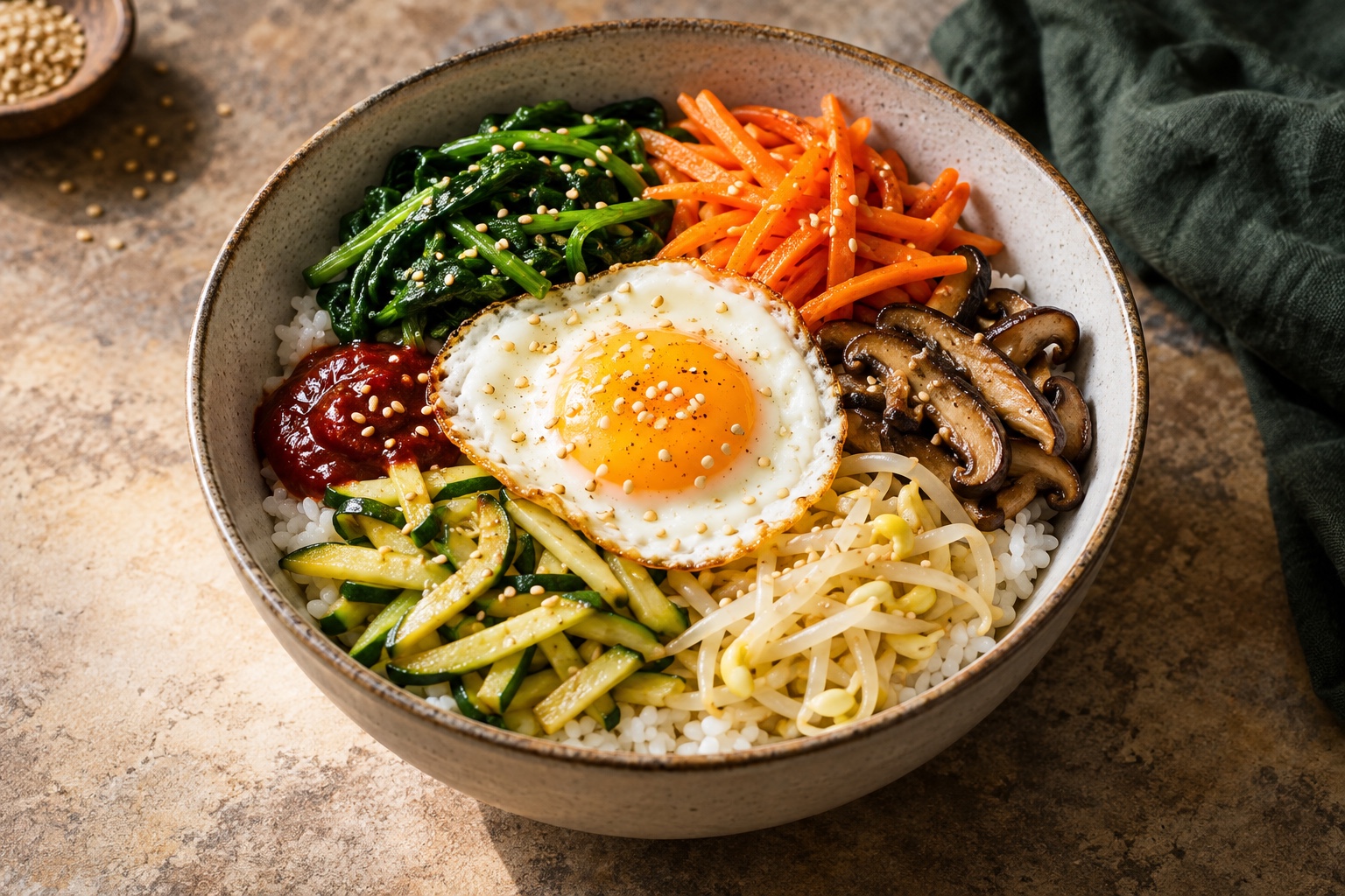 Illustrative food photograph of bibimbap with rice, vegetables and egg in a bowl