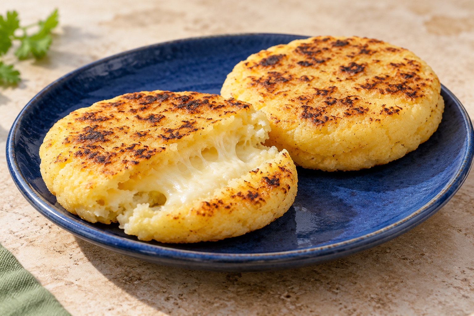 Illustrative food photograph of a griddled Bogotá-style corn arepa with cheese