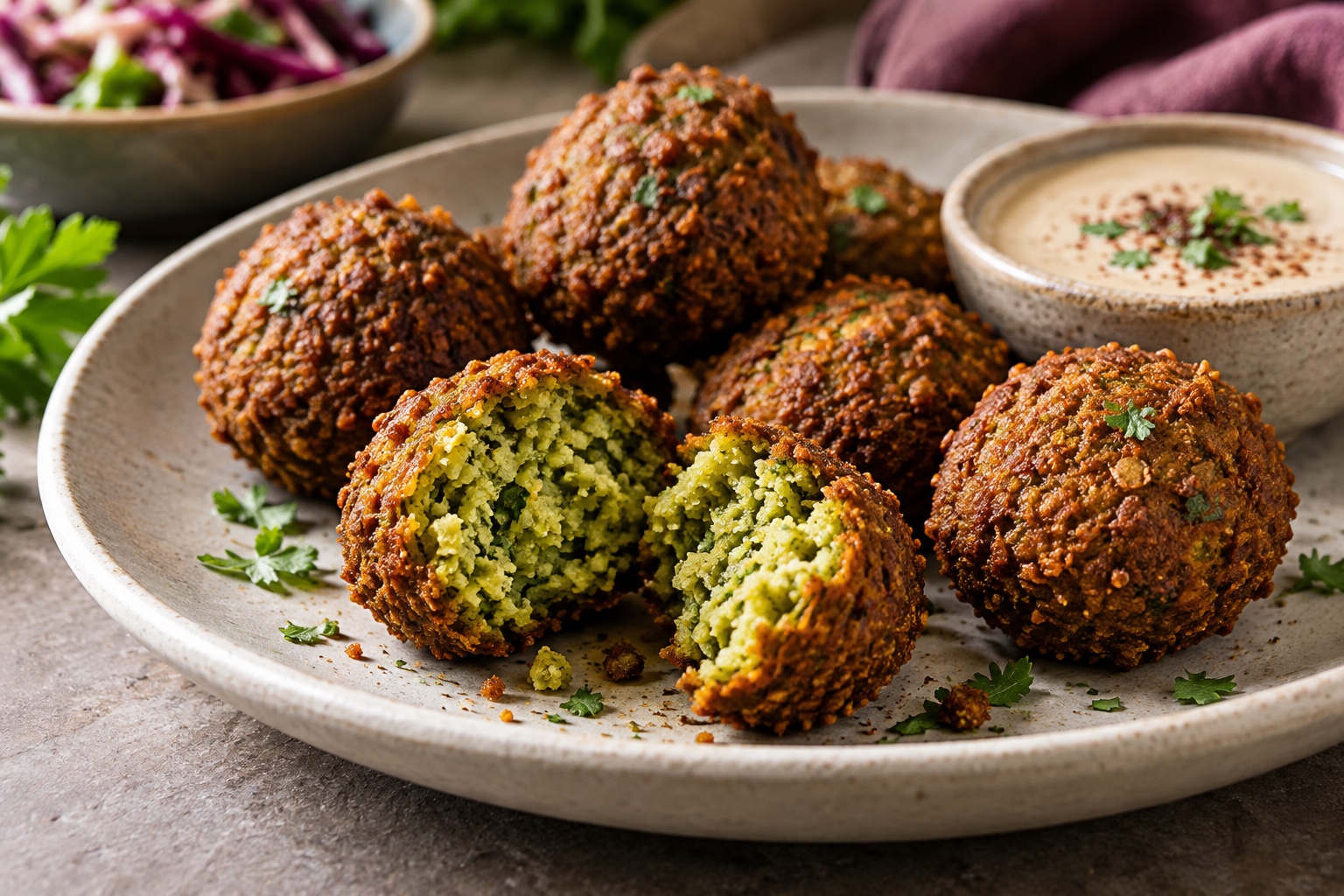 Illustrative food photograph of crisp falafel with herbs and a simple salad
