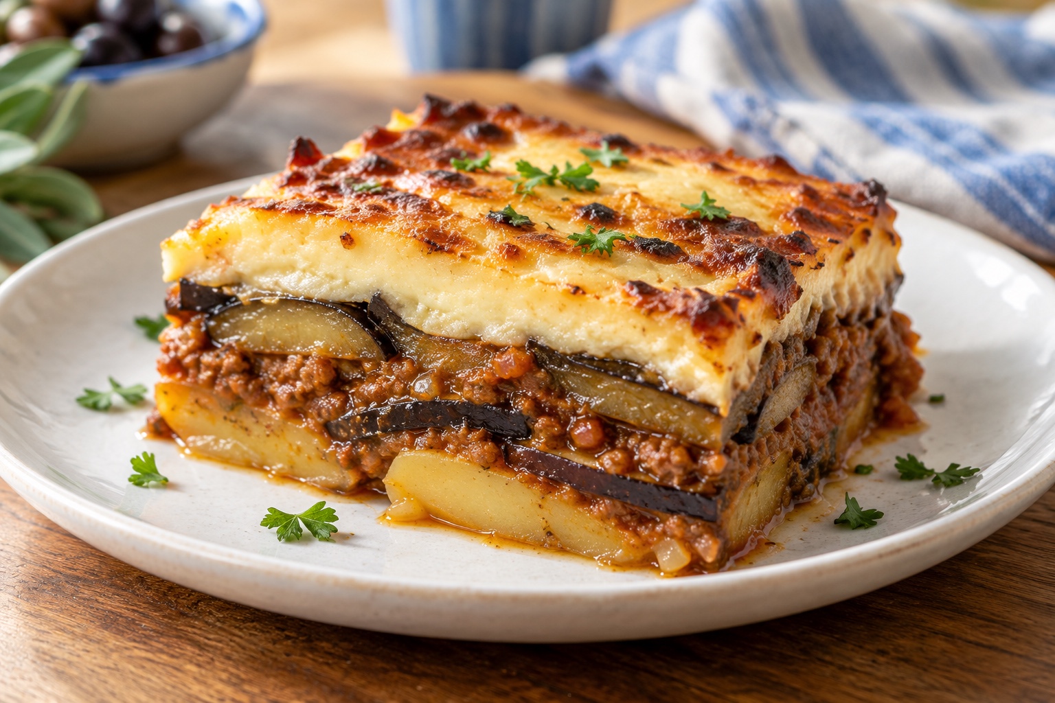 Illustrative food photograph of Greek-style moussaka with a browned béchamel top