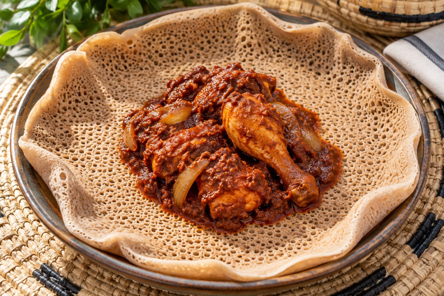 Illustrative food photograph of doro wat served on injera, with the stew shown clearly