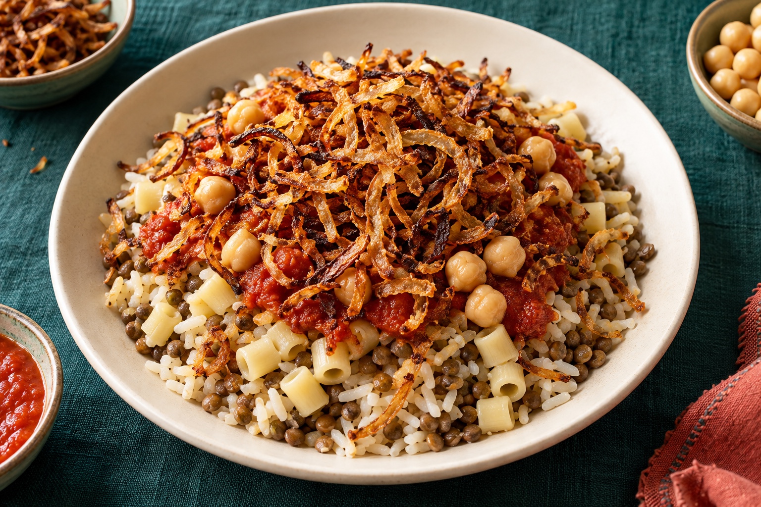 Illustrative food photograph of Egyptian koshari with rice, lentils, pasta and crisp onions