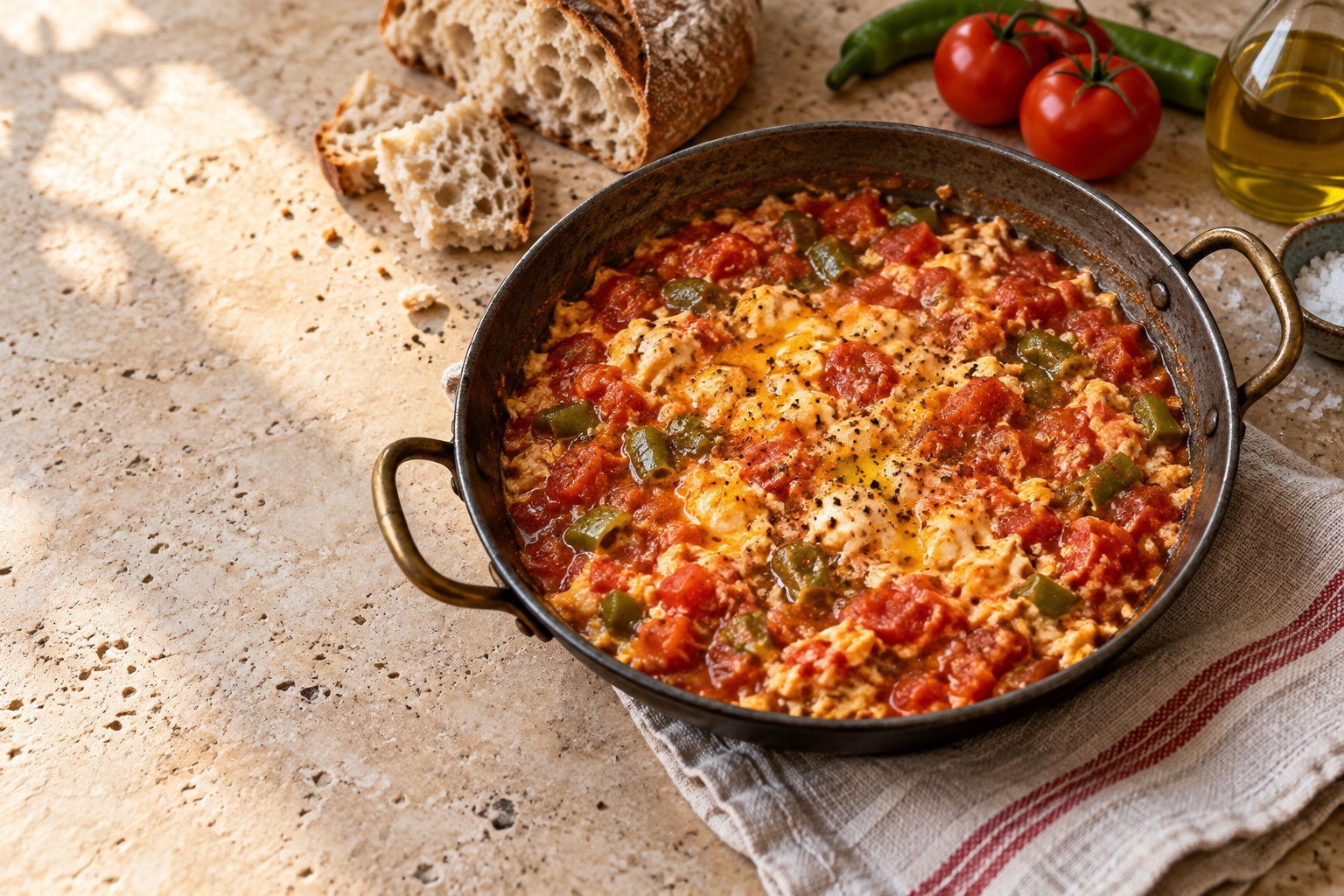 Illustrative food photograph of menemen in a pan with bread