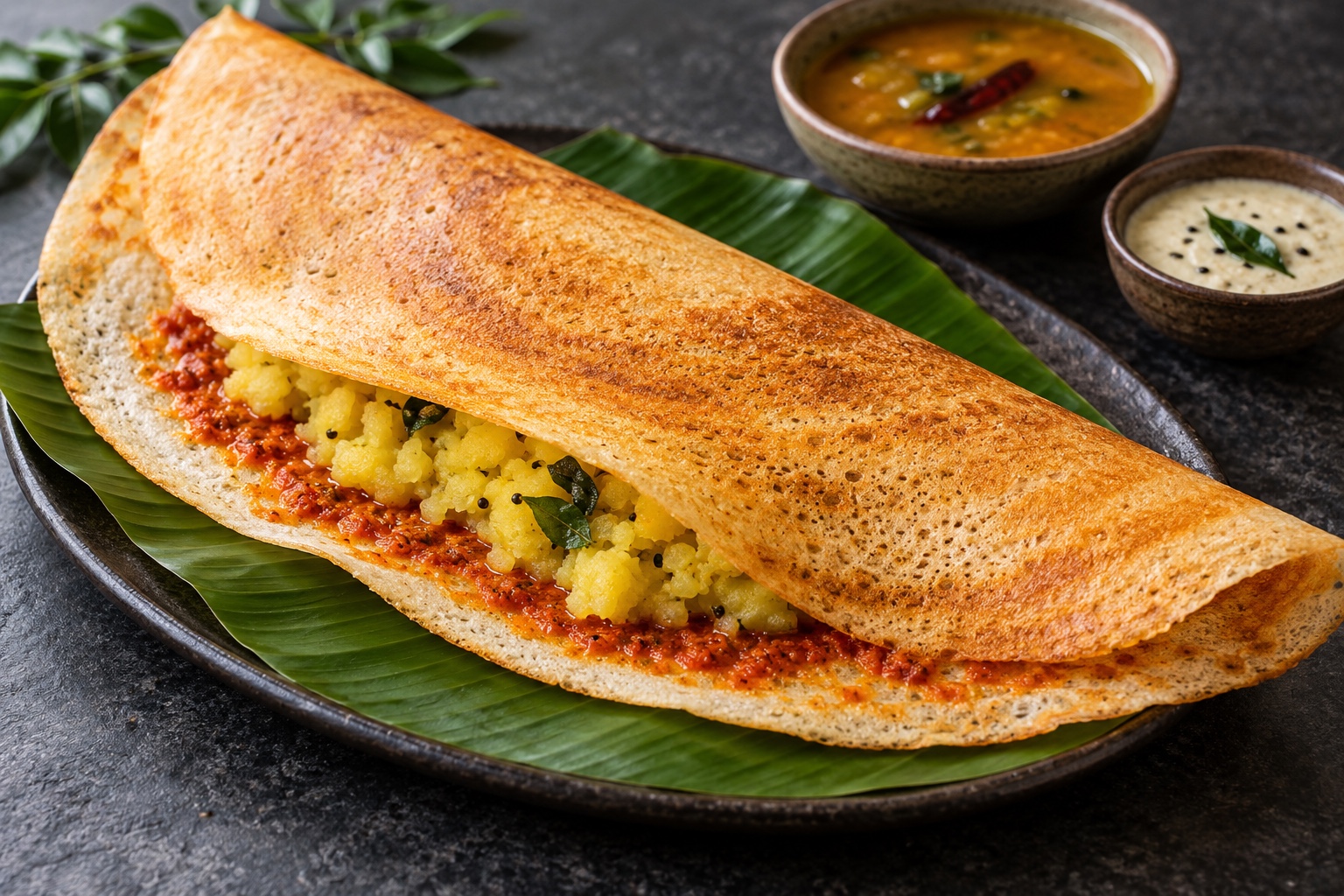 Illustrative food photograph of a crisp Mysuru-style masala dosa with chutneys