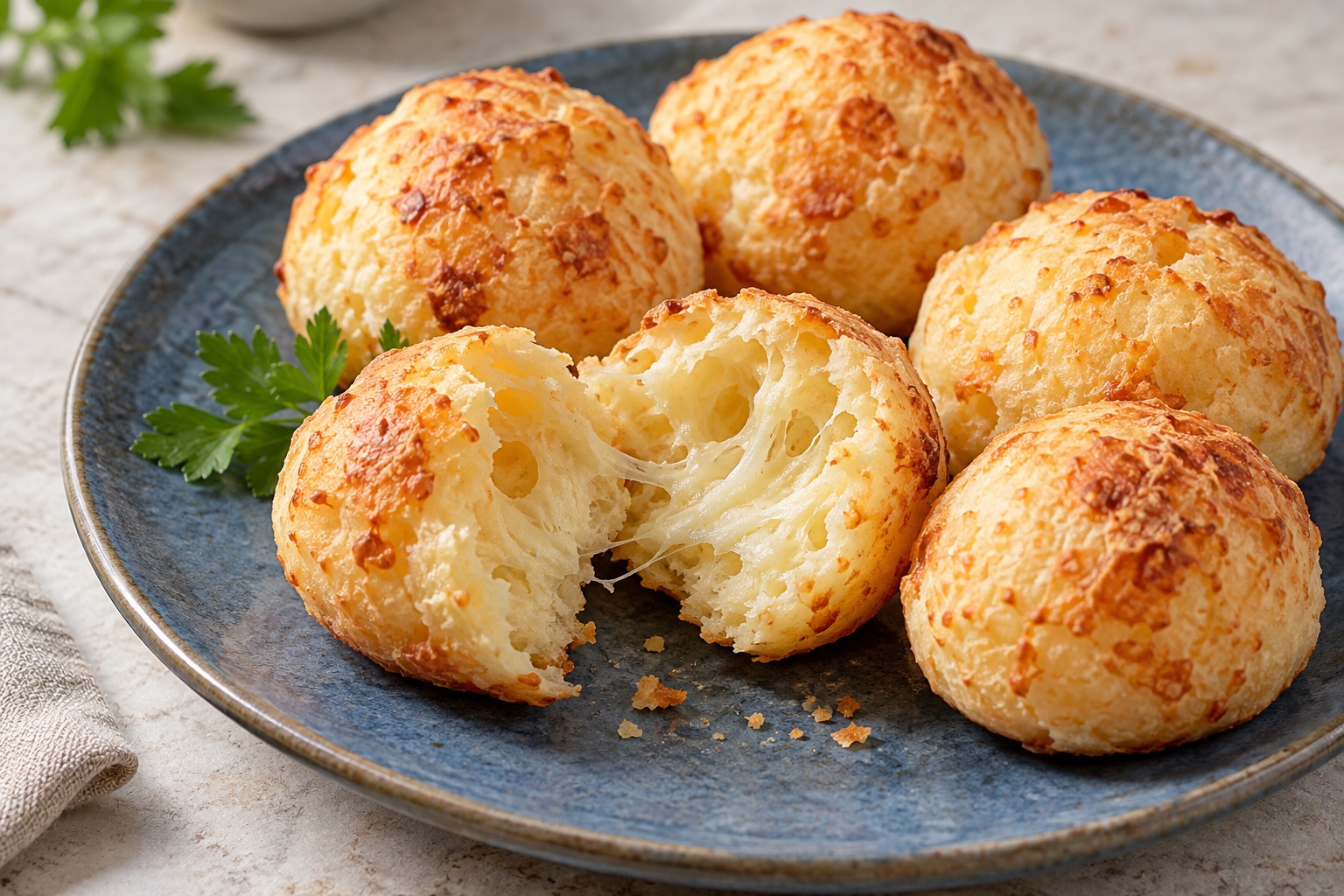 Illustrative food photograph of small golden pão de queijo cheese breads