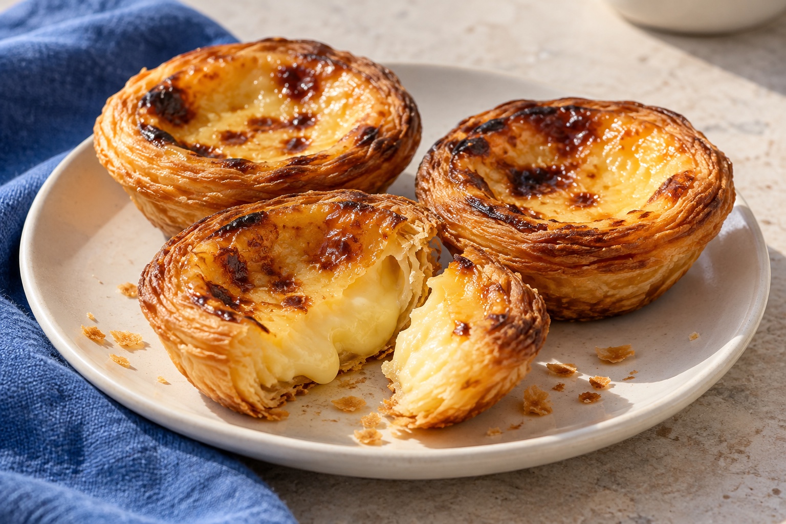 Illustrative food photograph of a Portuguese pastel de nata with flaky pastry and browned custard