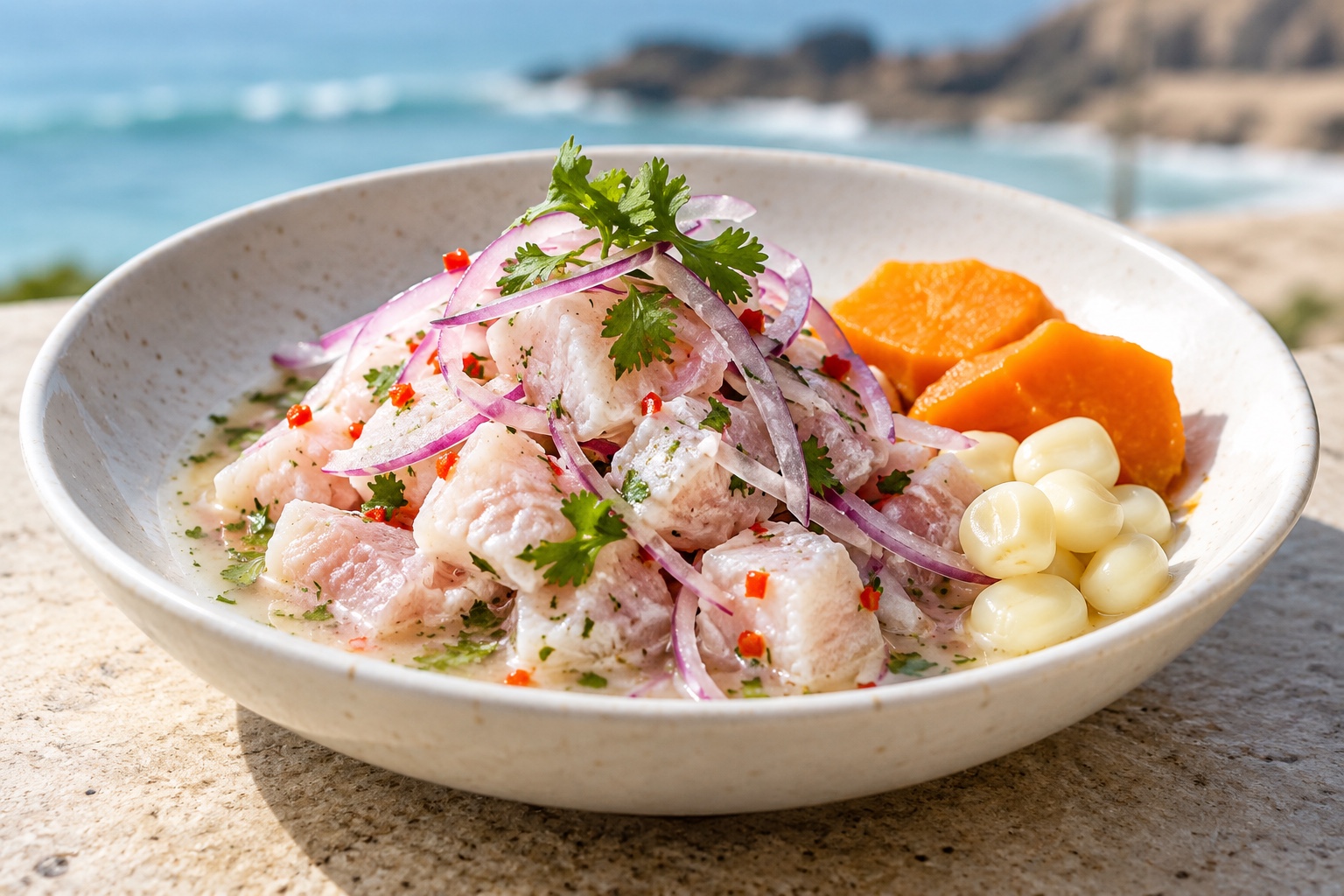 Illustrative food photograph of Peruvian-style ceviche with fish, citrus and ají