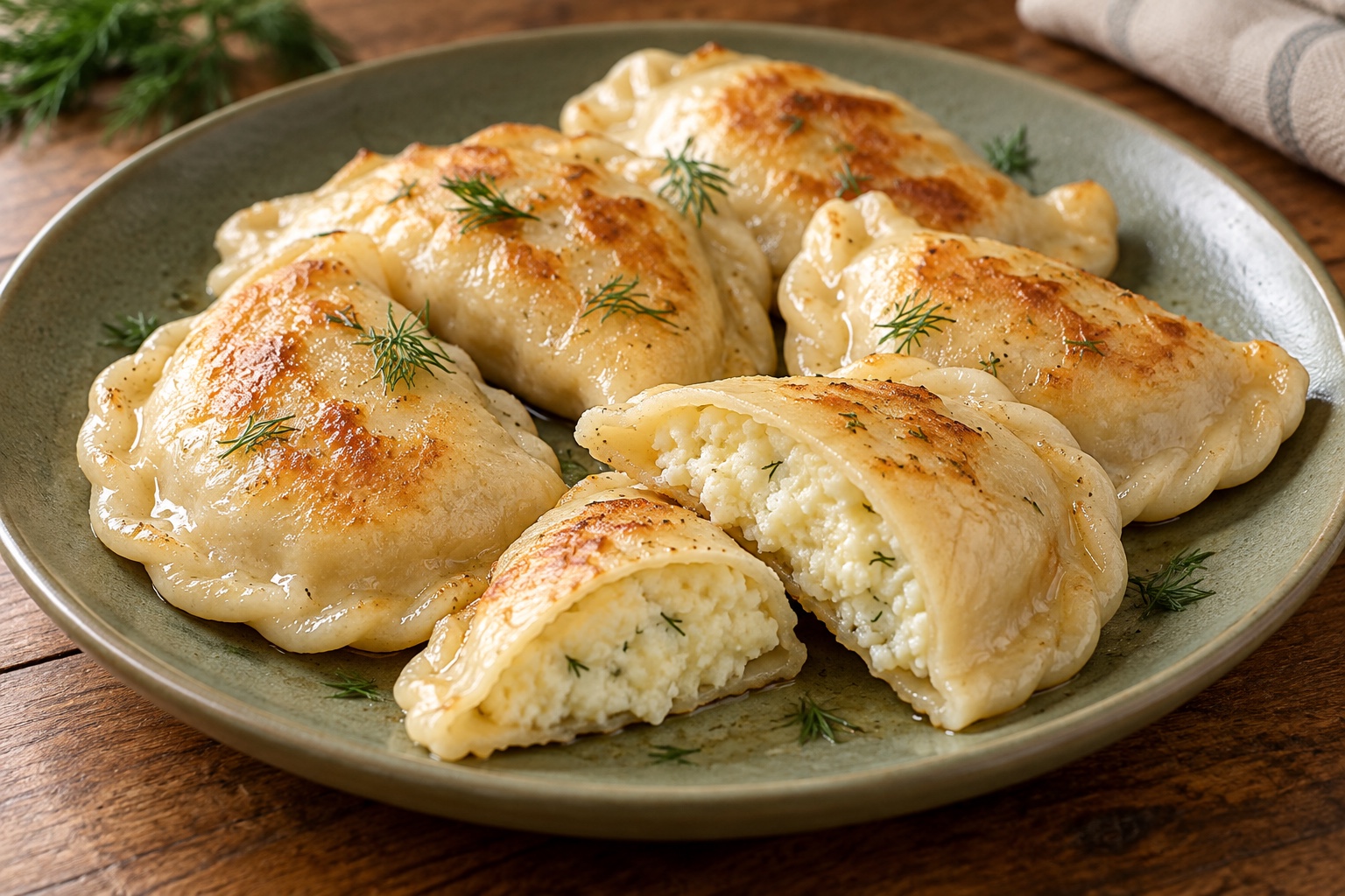 Illustrative food photograph of potato and cheese pierogi served with a simple garnish