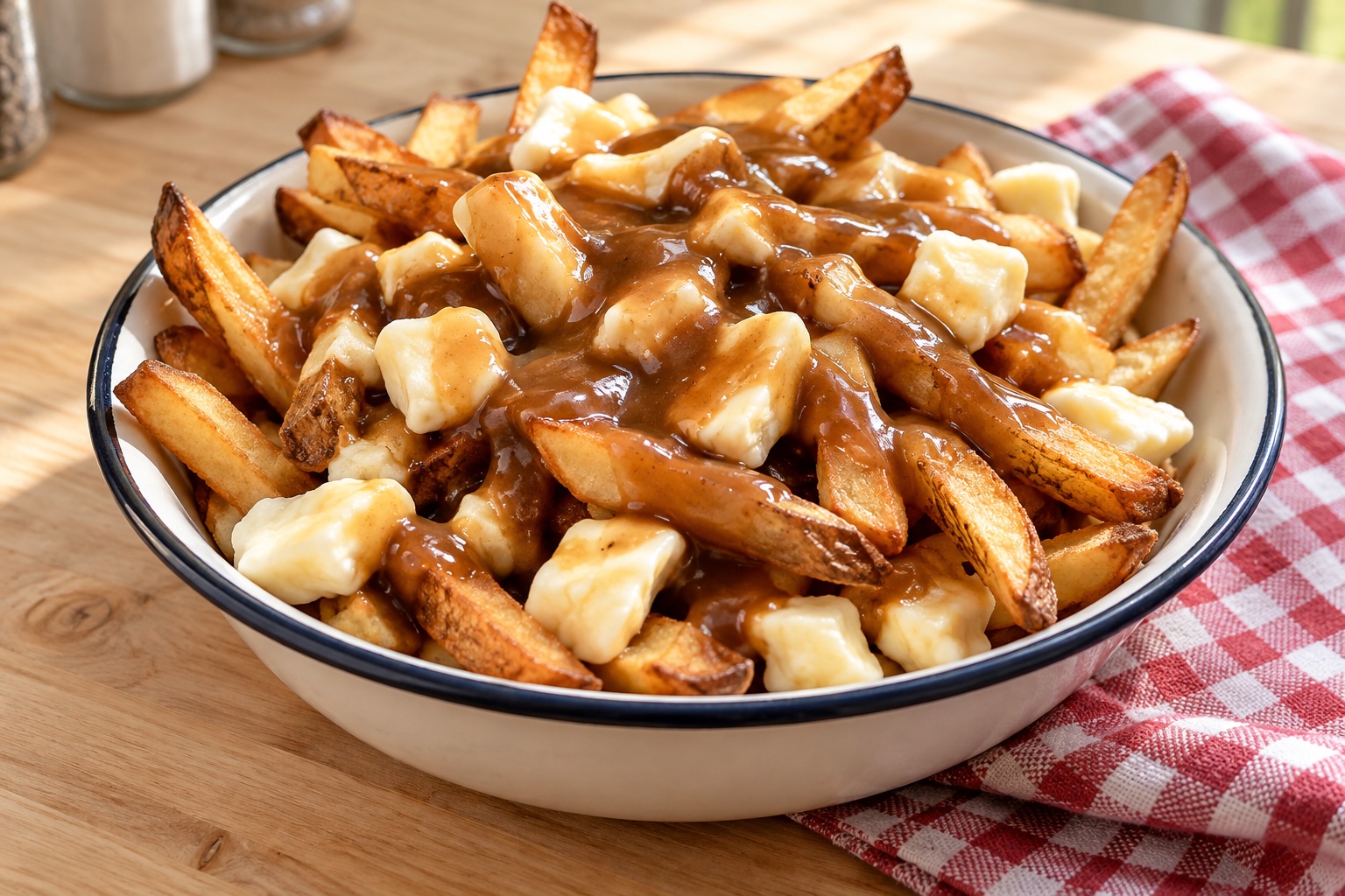 Illustrative food photograph of poutine with fries, fresh cheese curds and hot gravy
