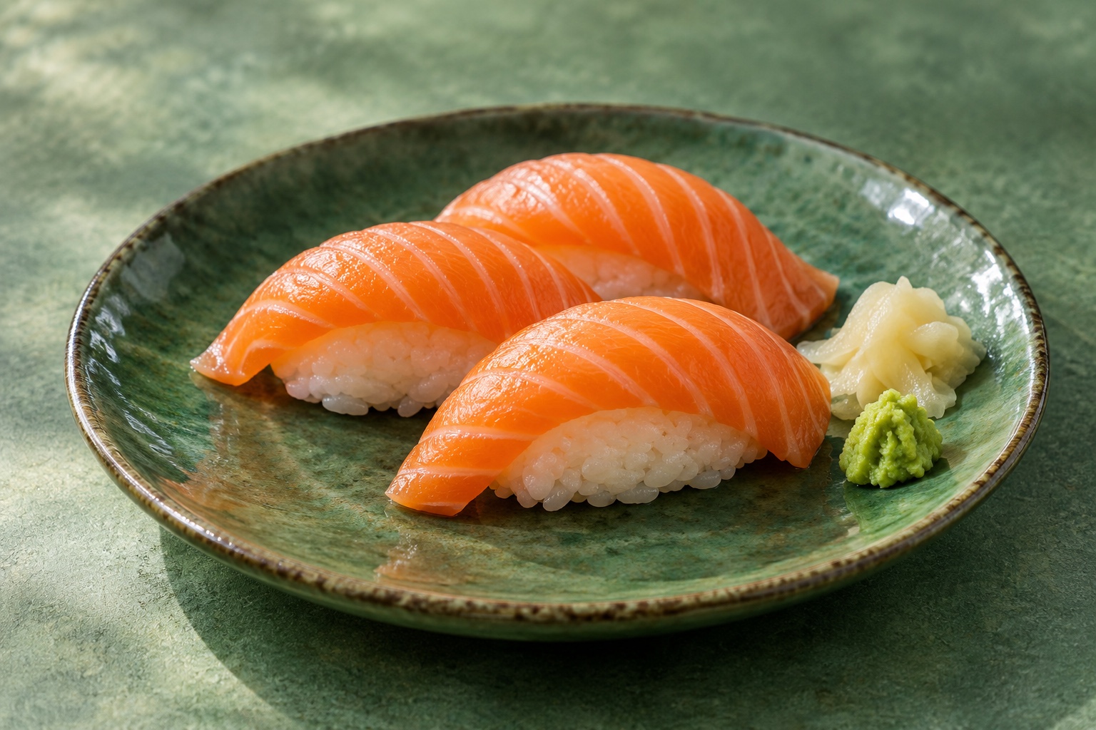 Illustrative food photograph of salmon nigiri served on a cool green ceramic plate