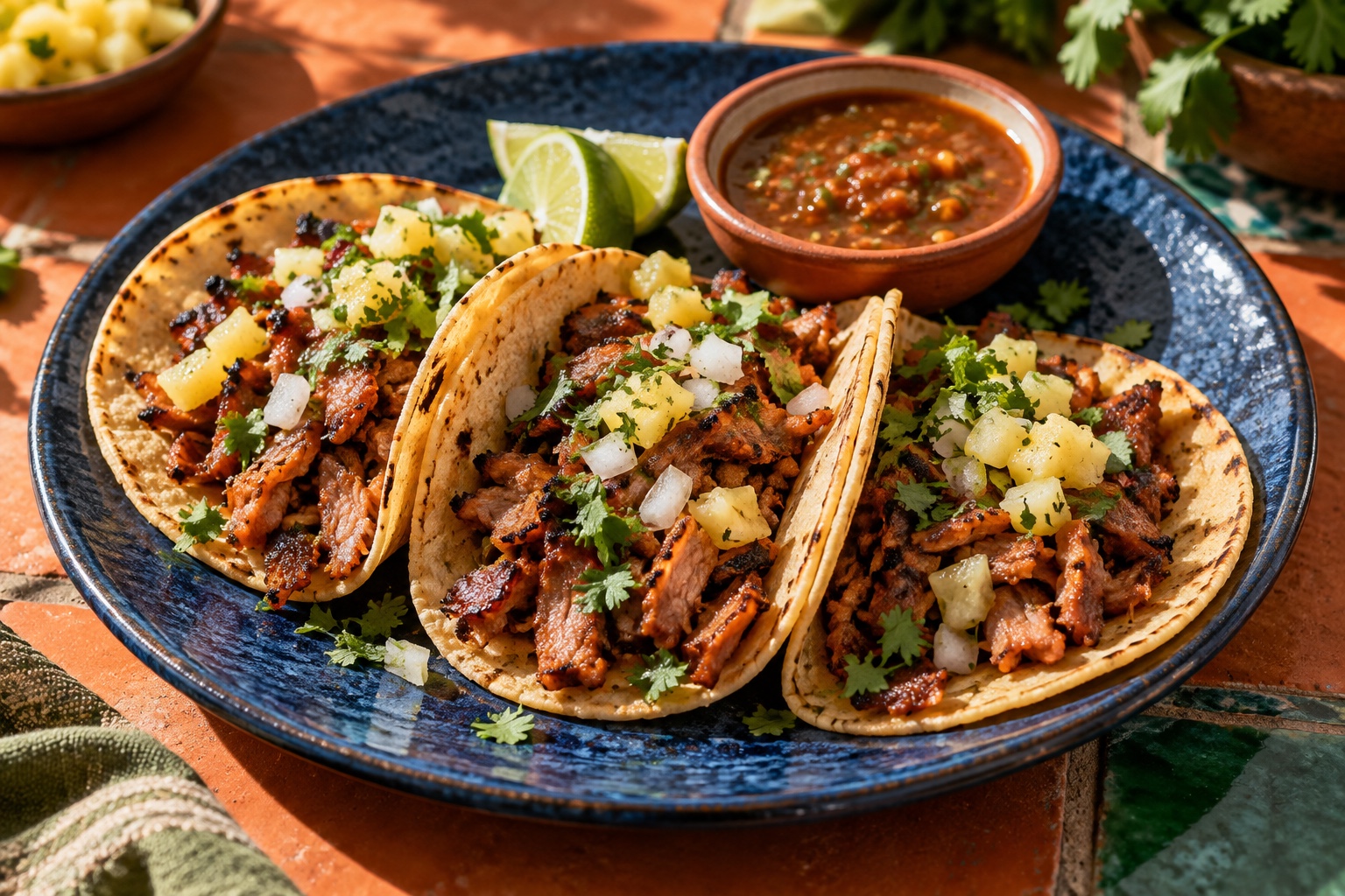 Illustrative food photograph of tacos al pastor with sliced pork, pineapple, onion and cilantro