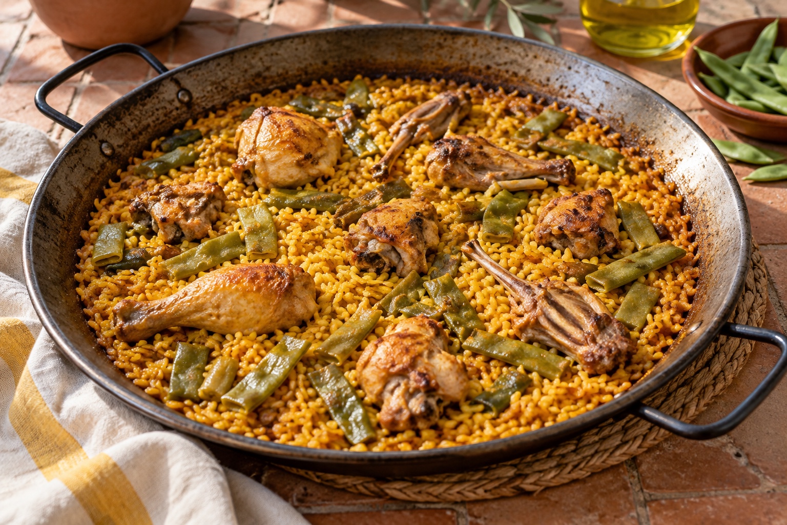 Illustrative food photograph of Valencian paella with rice, chicken, rabbit and beans in a wide pan