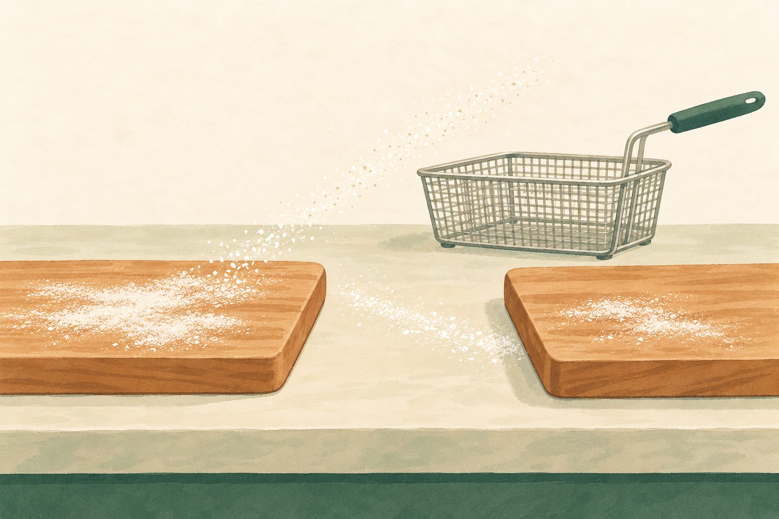 Illustrative still life of a kitchen bench with separate chopping boards, a fryer basket and a dusting of flour drifting between them