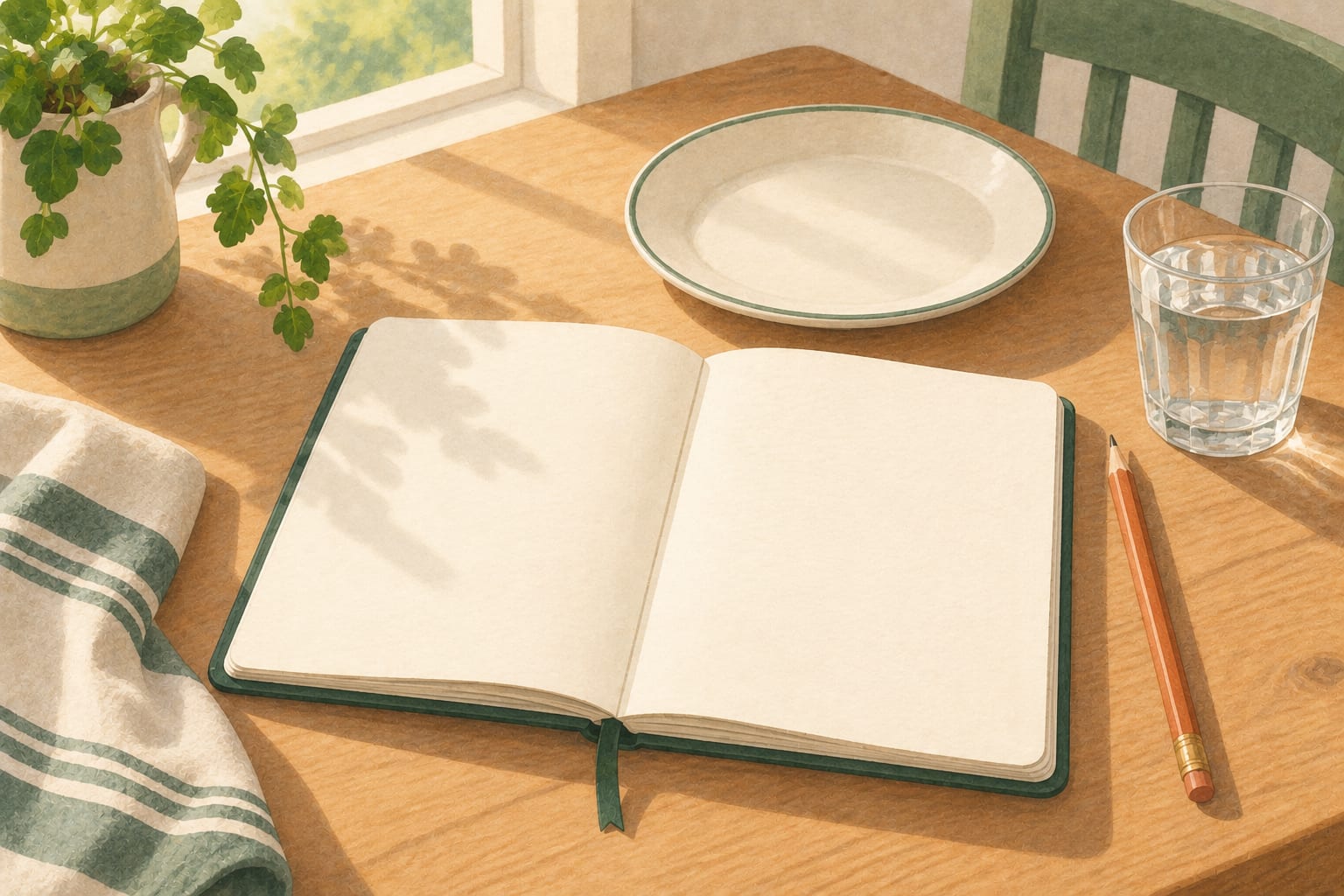 Illustrative still life of an open food diary notebook beside a plate and a glass of water