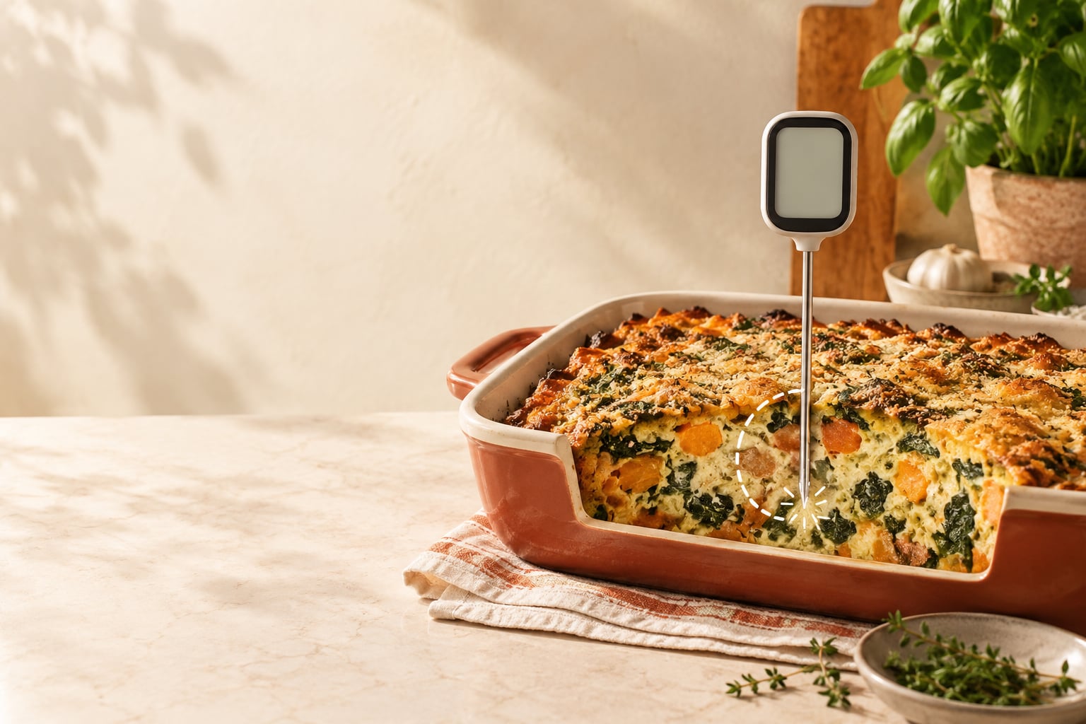 Illustrative still life of a casserole dish with a blank-display food thermometer probe inserted, on a kitchen counter