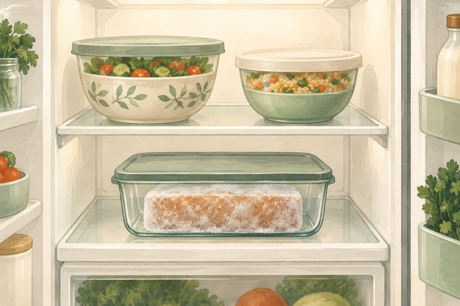 Illustrative still life of a covered dish of frozen food resting on the bottom shelf of a fridge, below covered ready-to-eat dishes