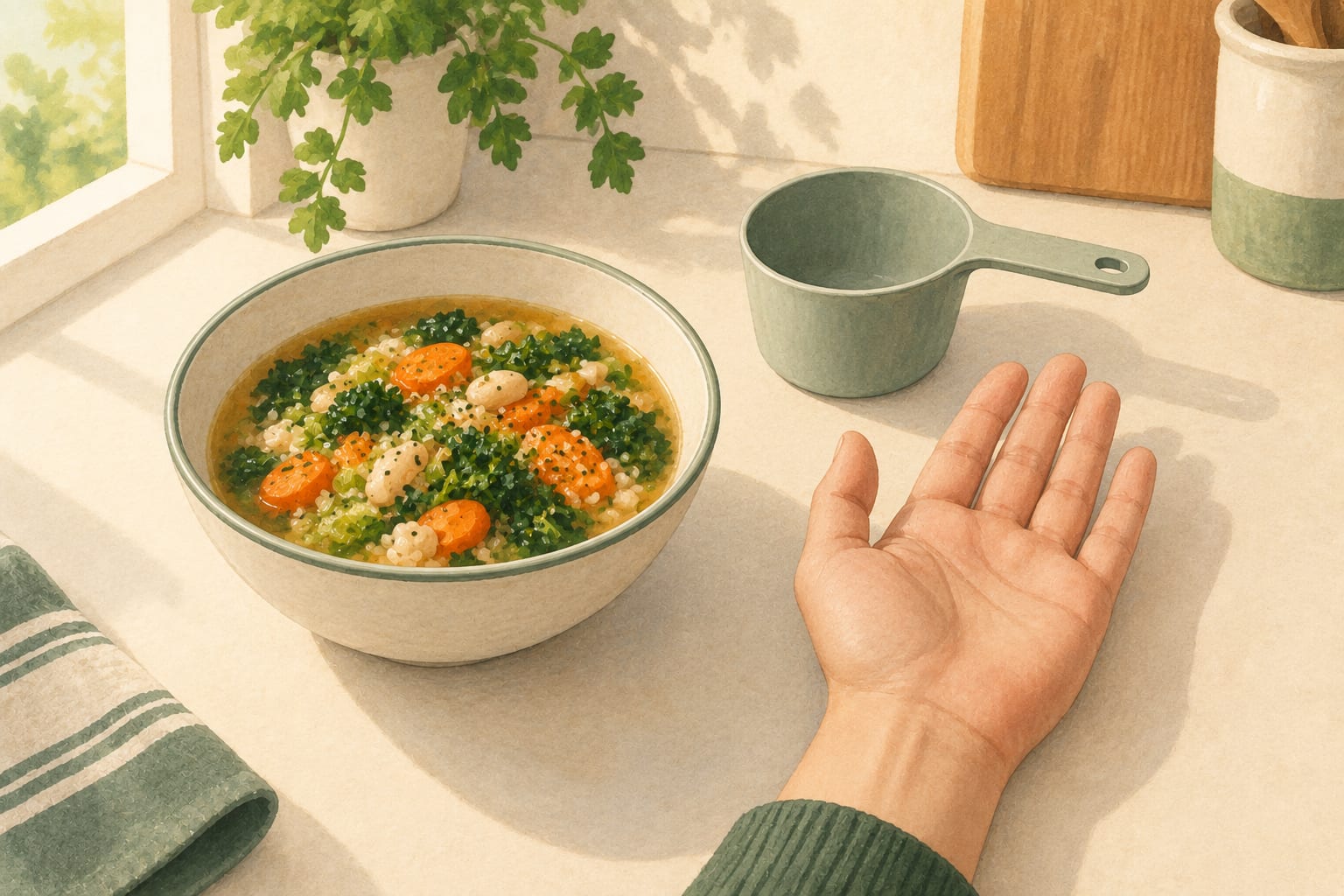 Illustrative still life of a soup bowl, a measuring cup and an open hand resting on a kitchen counter
