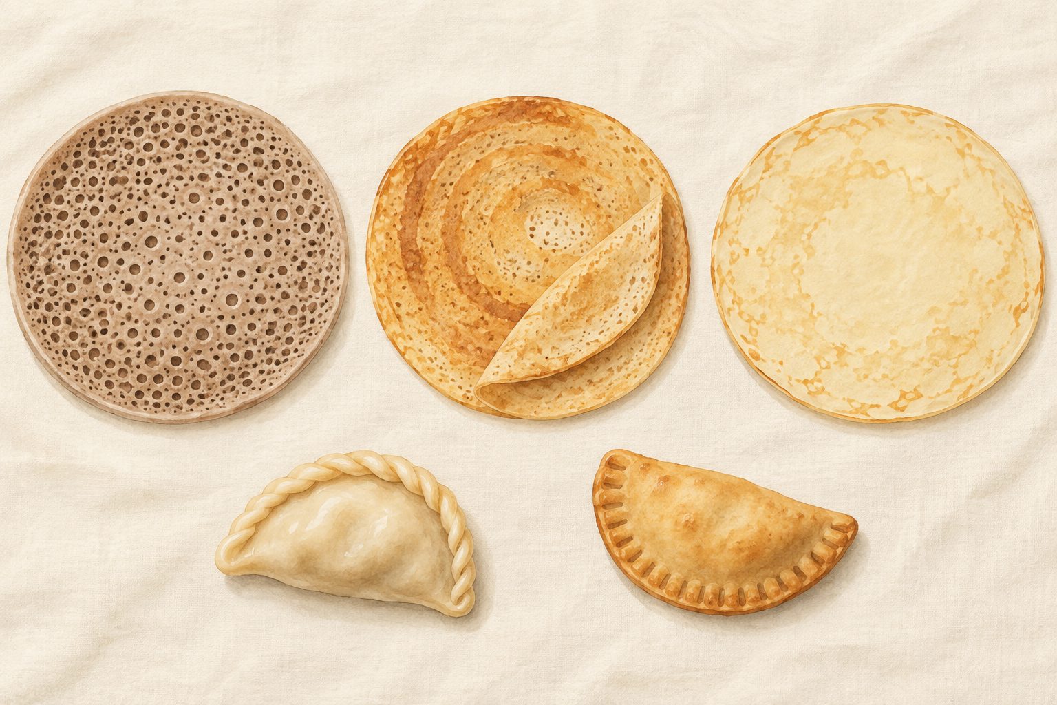 Illustrative still life of three distinct flatbreads above two sealed half-moon dumplings on a cloth.