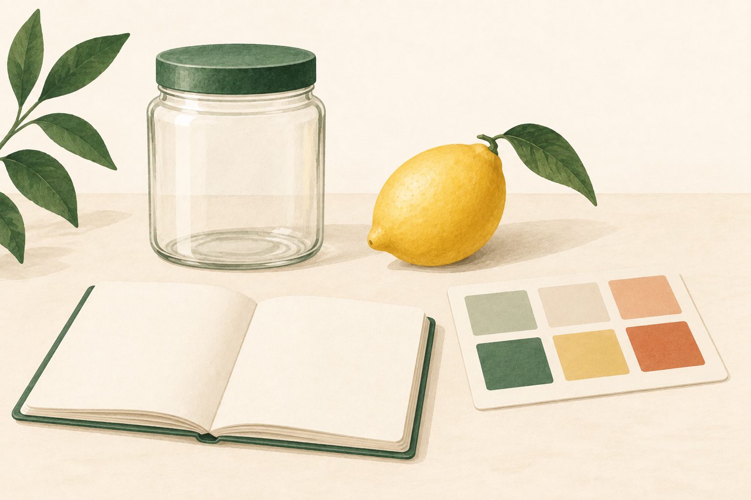 Illustrative still life of a plain ingredient jar, a lemon and an open notebook beside a blank colour-tile chart