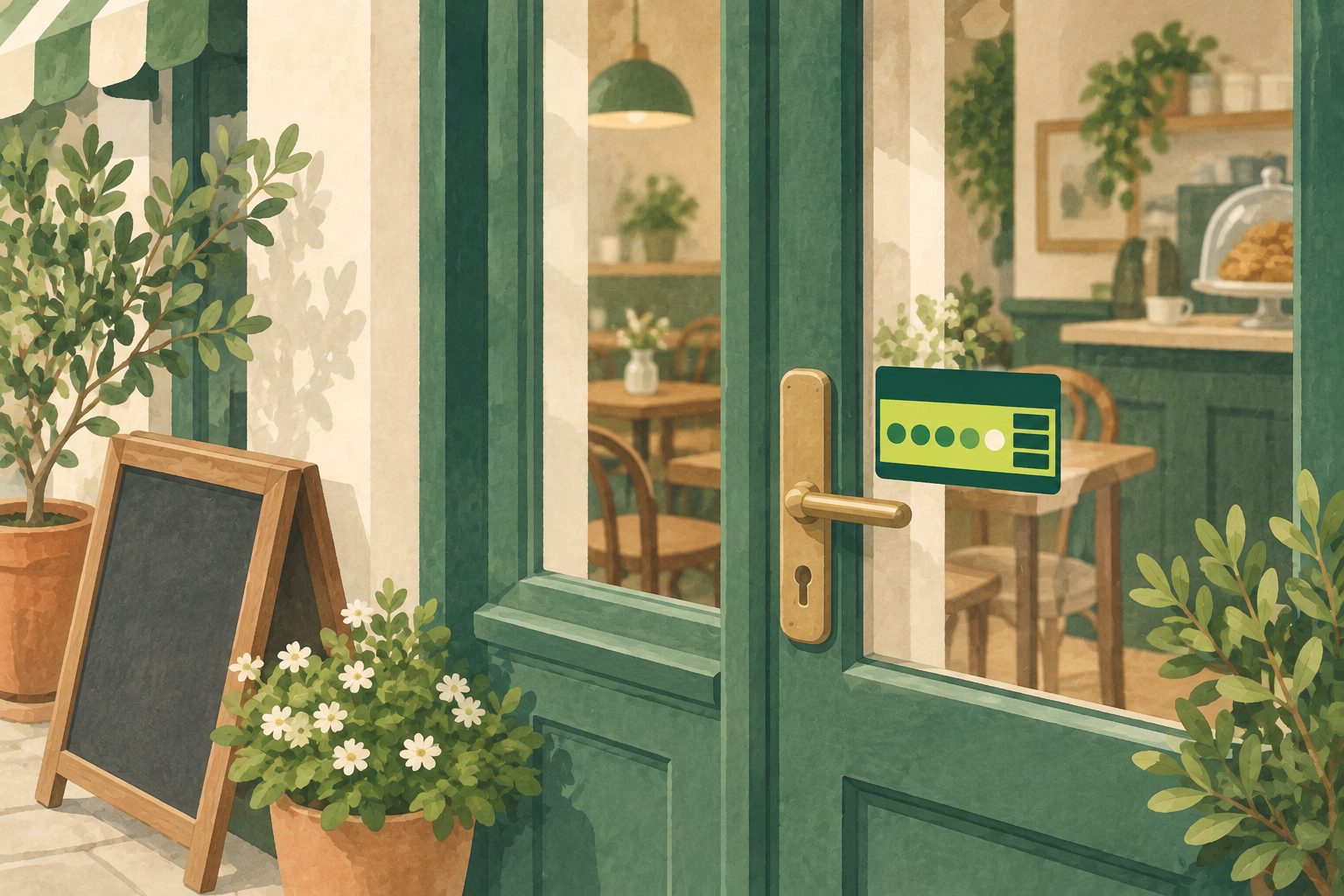 Illustrative still life of a café door window with a plain green-and-black rating sticker
