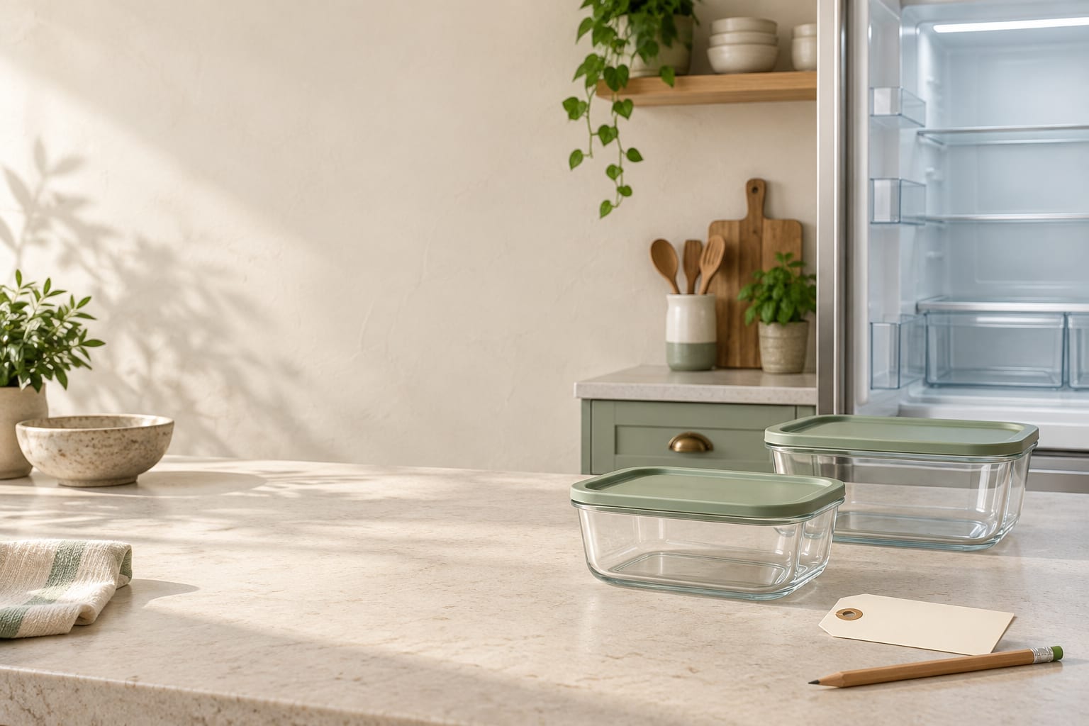 Illustrative kitchen scene with two empty glass containers, sage lids, a blank tag and pencil beside an open empty refrigerator.