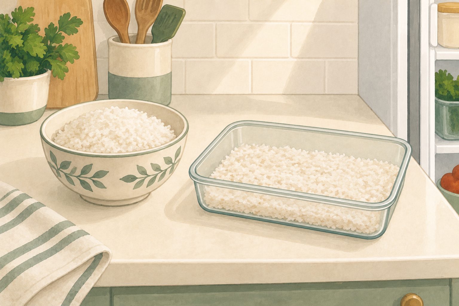 Illustrative still life of a bowl of cooked rice beside a shallow storage container on a kitchen counter