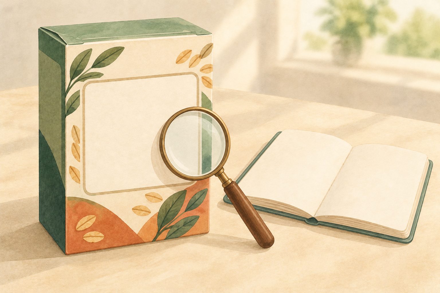 Illustrative still life of an unbranded packaged food pack beside a magnifying glass and a small notebook