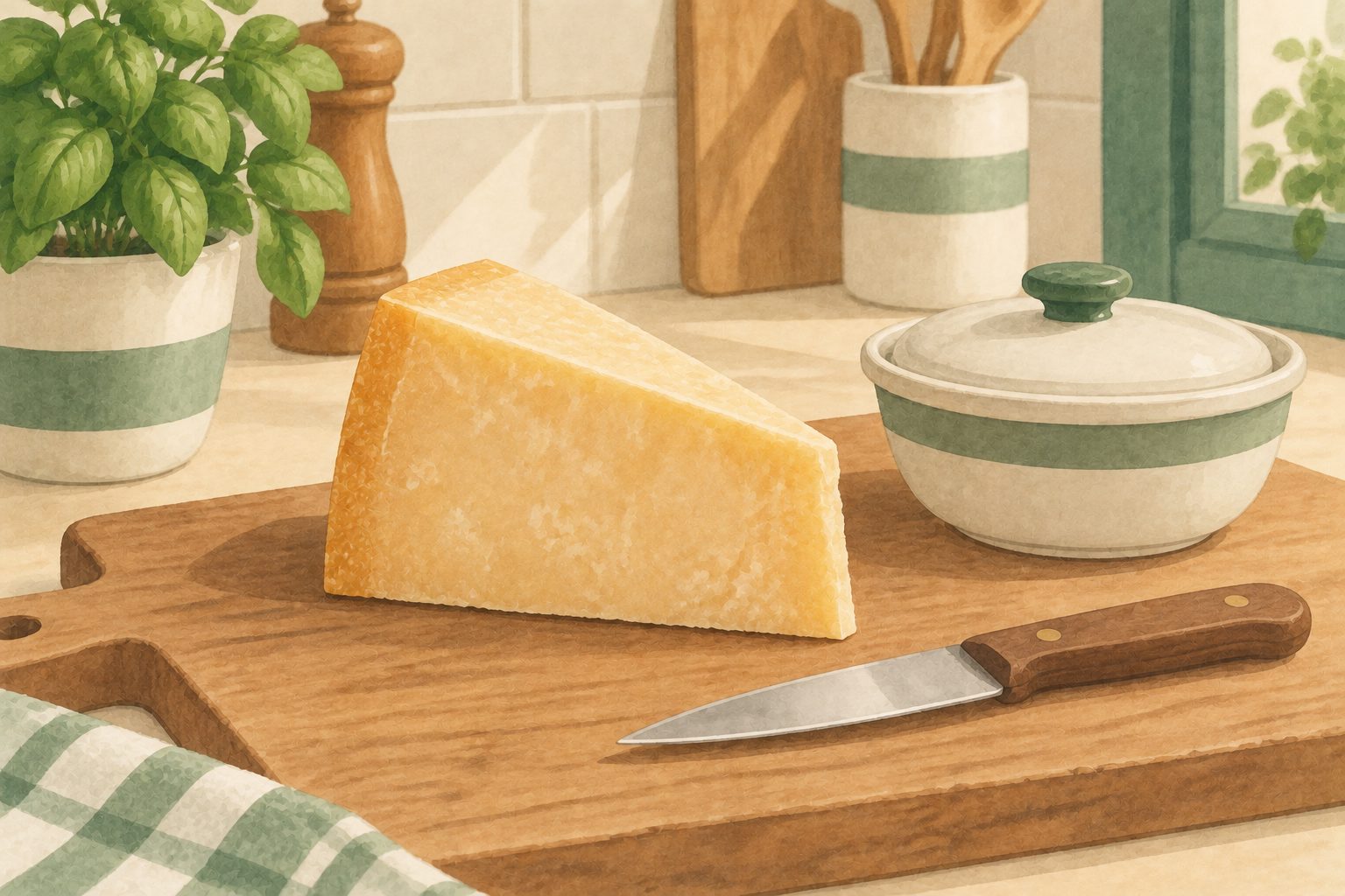 Illustrative still life of a wedge of hard cheese, a knife and a small covered dish on a wooden board