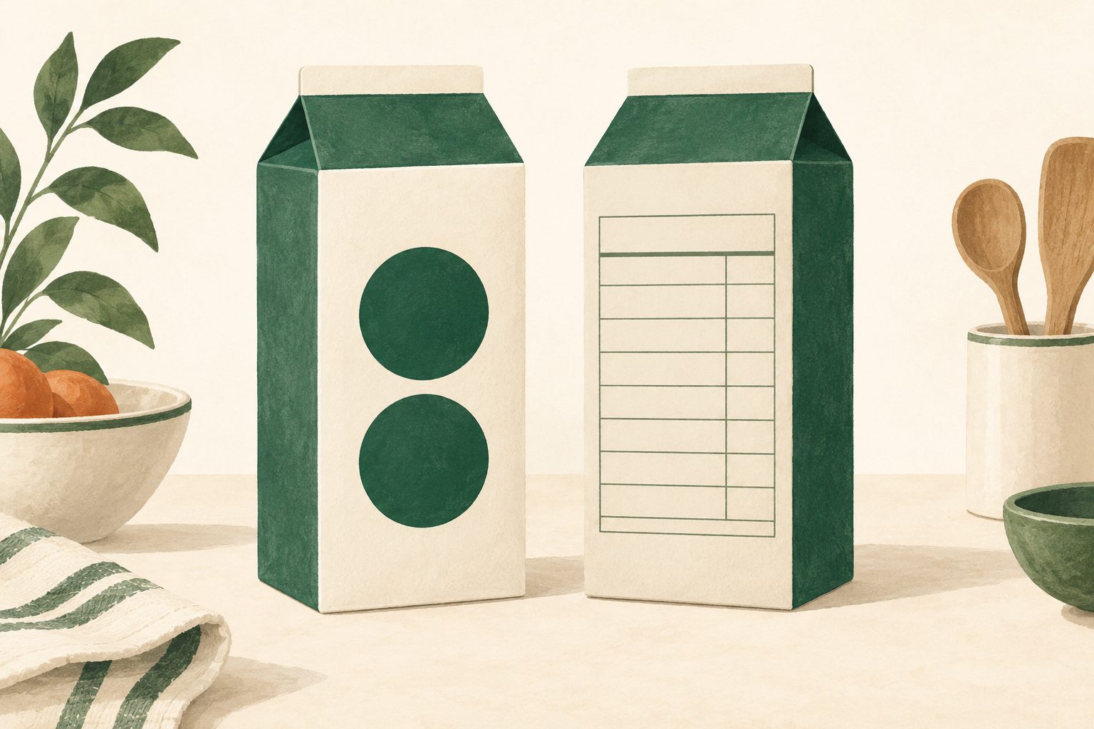 Illustrative still life of an unbranded food carton with two blank badge shapes on the front and a plain nutrition table on the back