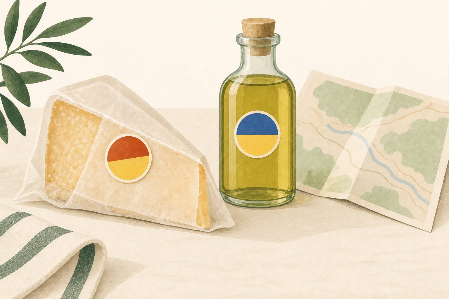 Illustrative still life of a wrapped cheese and a small bottle beside a folded map, with two blank badge shapes resting on the packaging