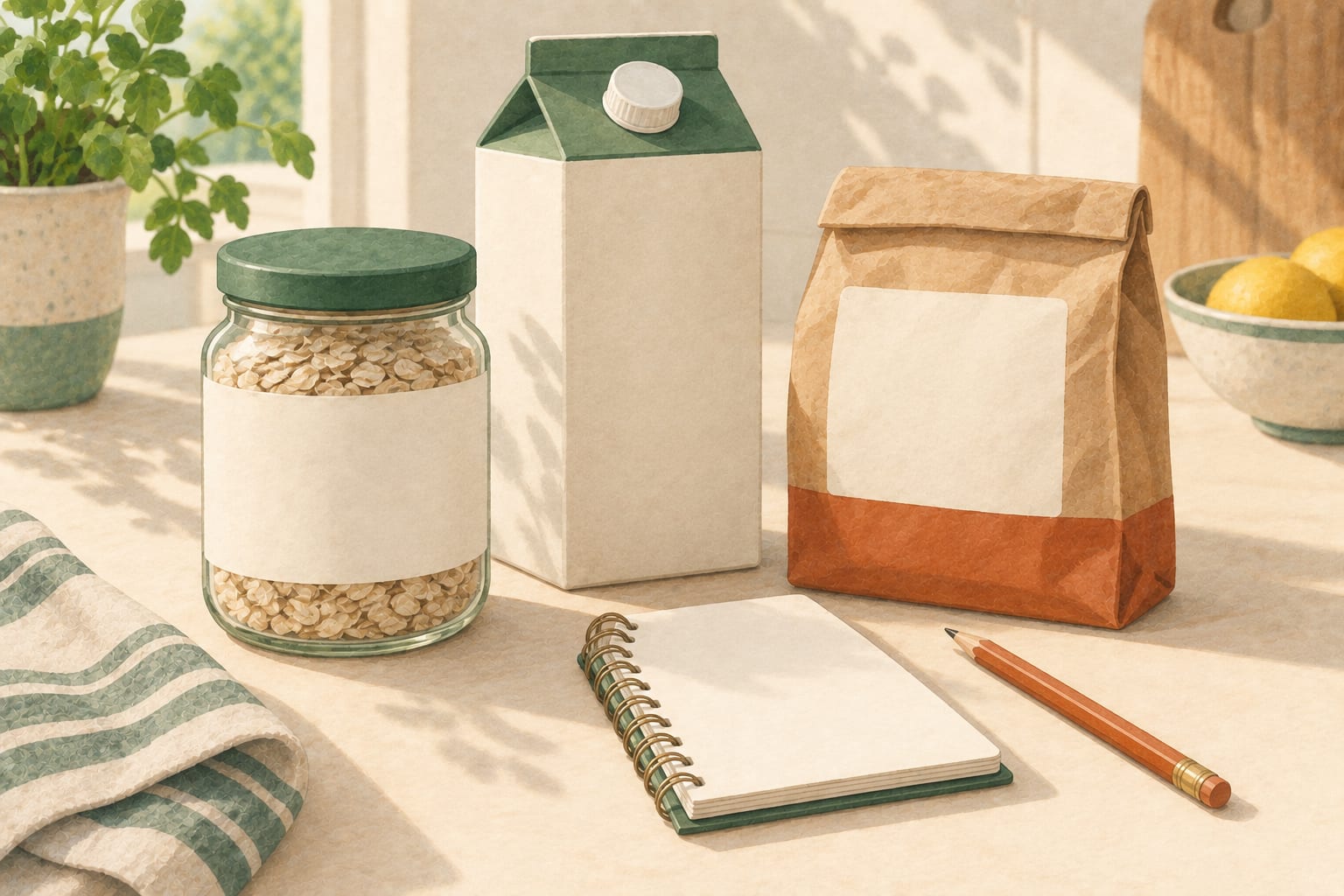 Illustrative still life of unbranded packaged foods with blank labels beside a small notebook
