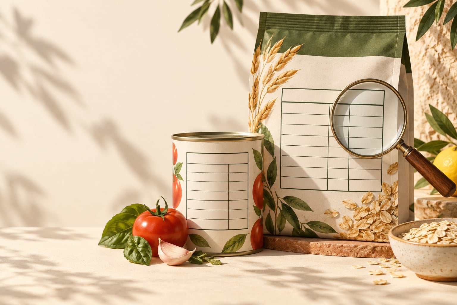 Illustrative still life of unbranded packaged foods with blank labels and a magnifying glass resting beside them