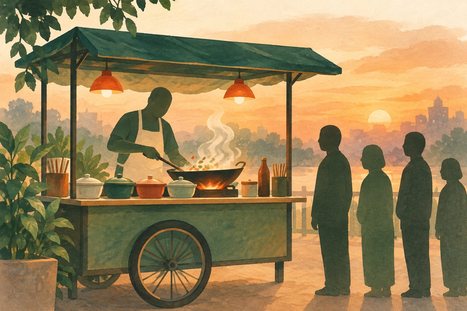 Illustration of a street-food stall with a steaming wok, covered ingredients and a short queue