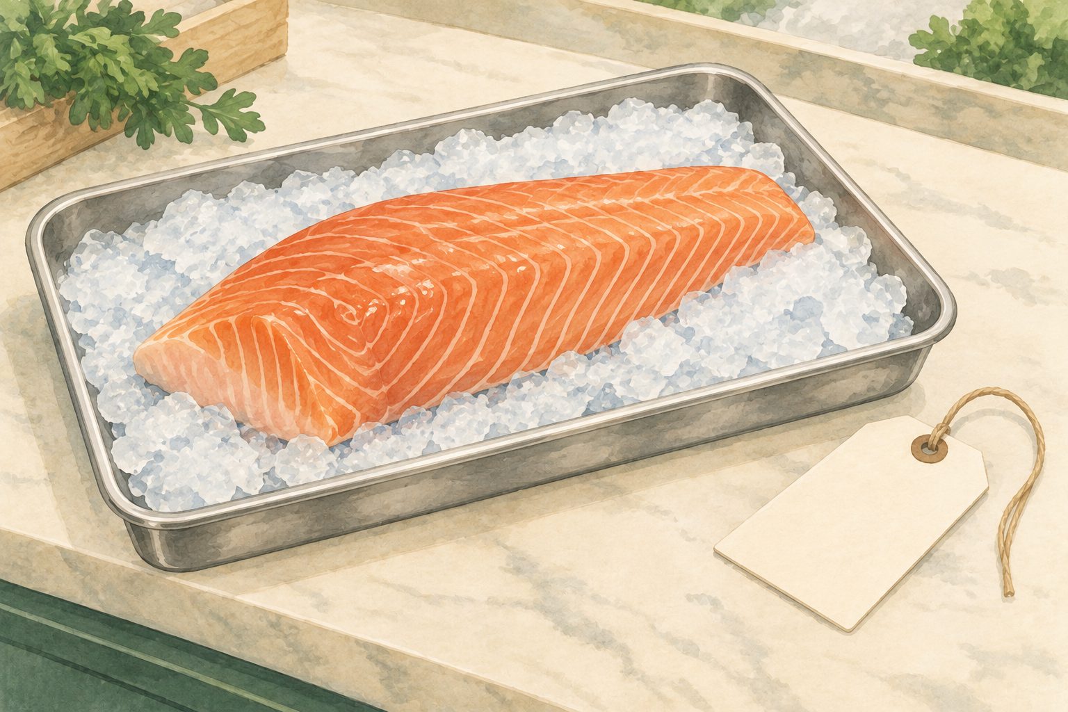 Illustrative still life of a plain fish fillet on a bed of ice beside a blank tag