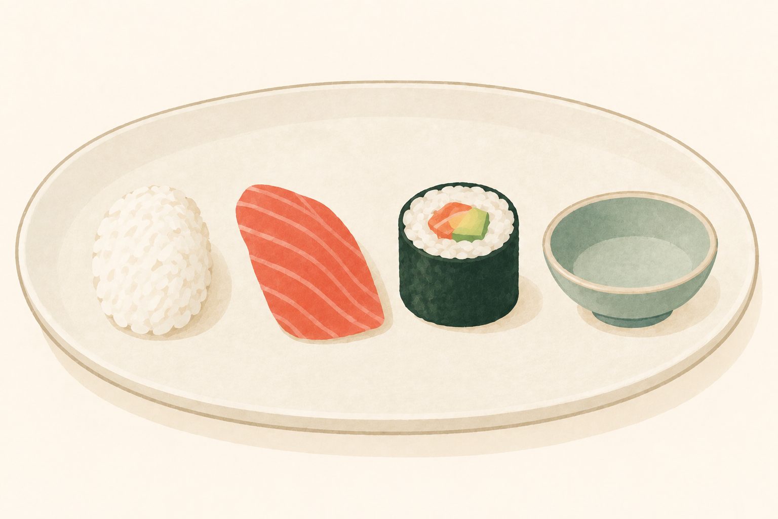 Illustrative still life of a ceramic platter with an oval rice mound, a separate fish slice, a nori-wrapped roll and a shallow bowl