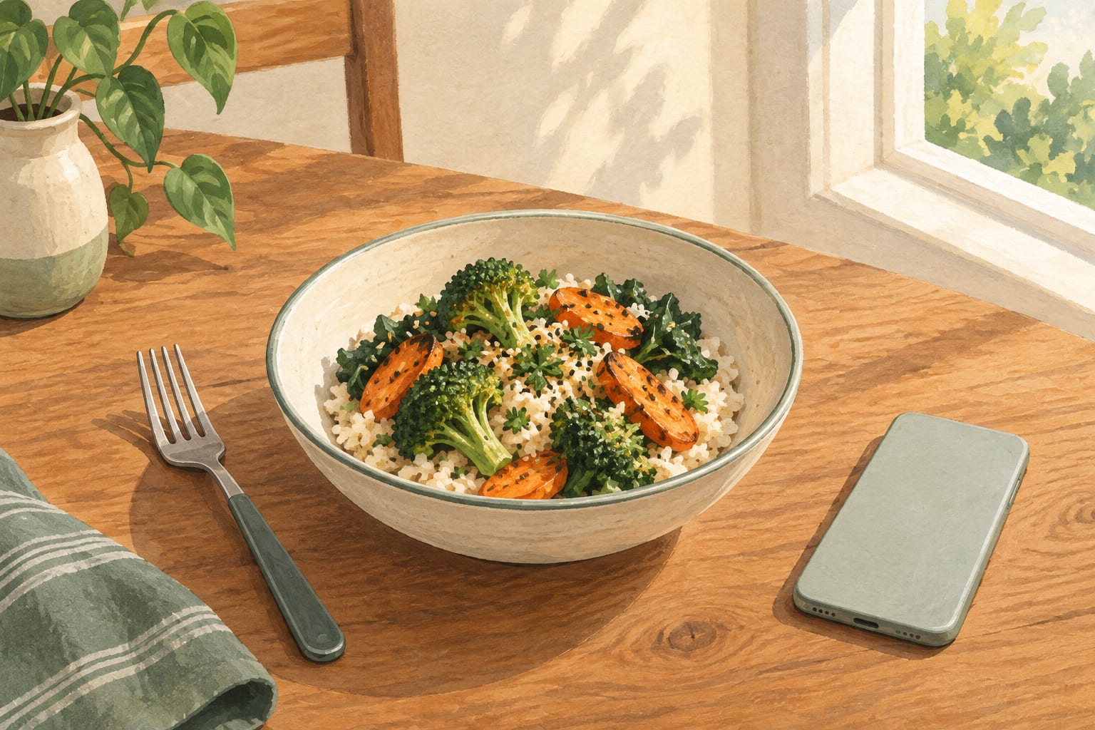 Illustrative still life of a plated dish on a wooden table near a window, in soft daylight