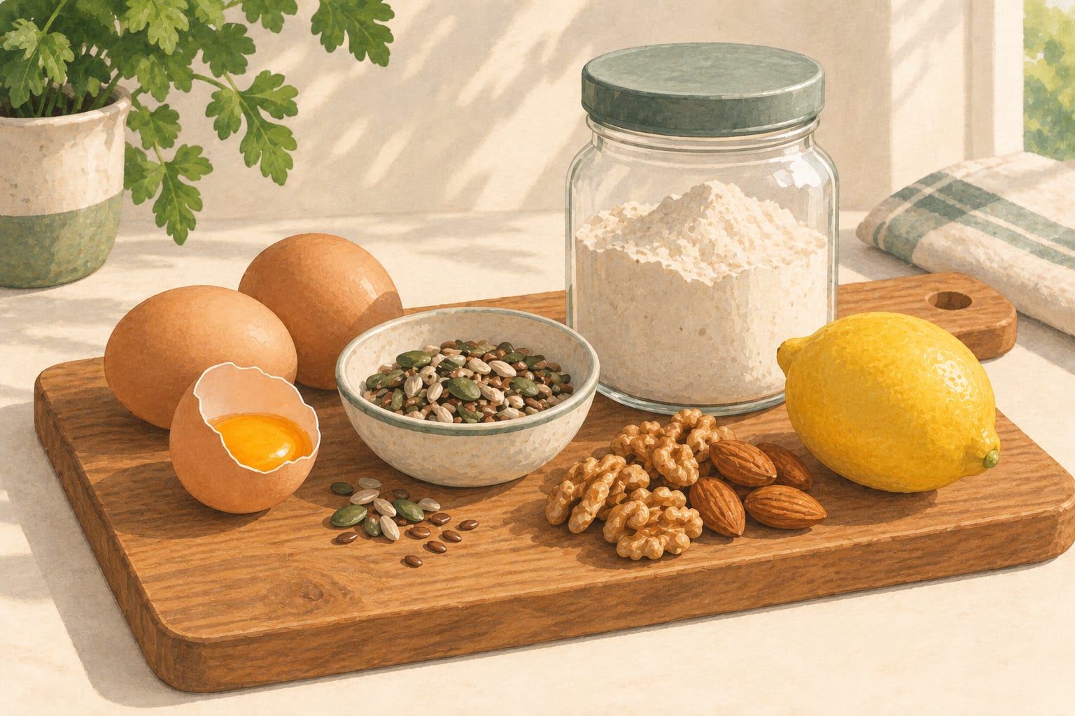 Illustrative still life of everyday cooking ingredients — eggs, seeds, flour and nuts — arranged on a wooden board