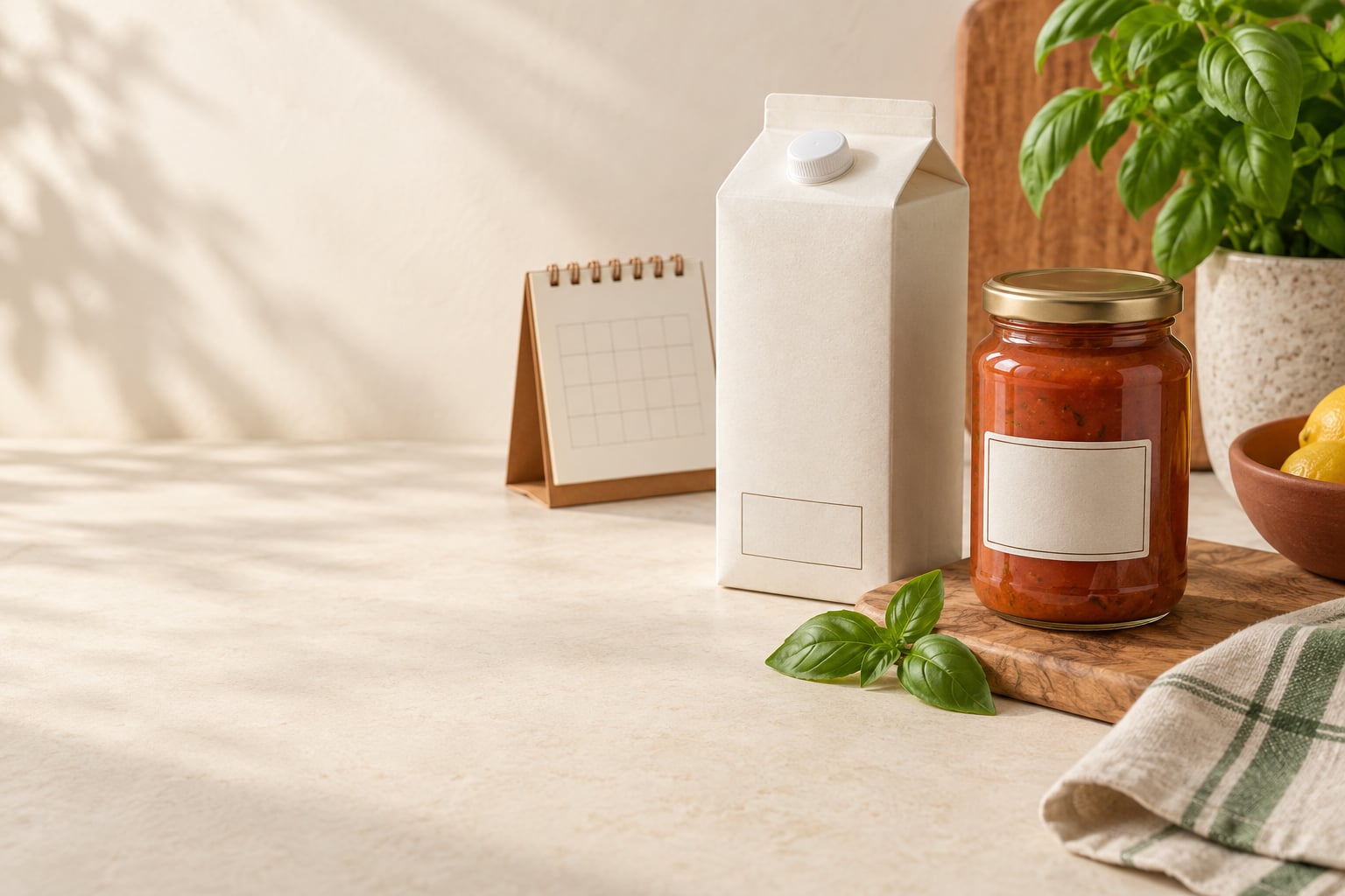 Illustrative still life of packaged food beside a plain calendar page on a kitchen counter