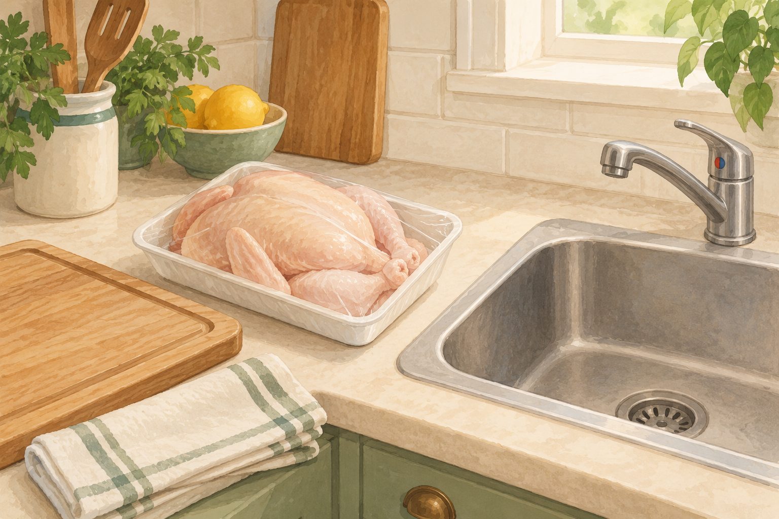 Illustrative still life of a packaged raw chicken beside a kitchen sink, a chopping board and a clean cloth