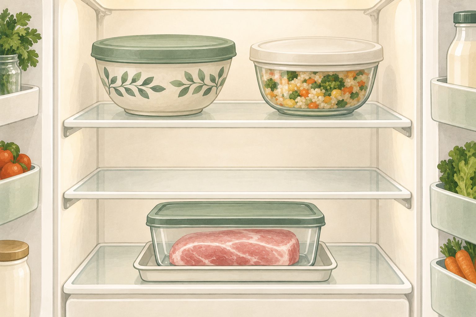 Illustrated fridge interior showing a covered dish of raw meat defrosting on the bottom shelf below ready-to-eat food