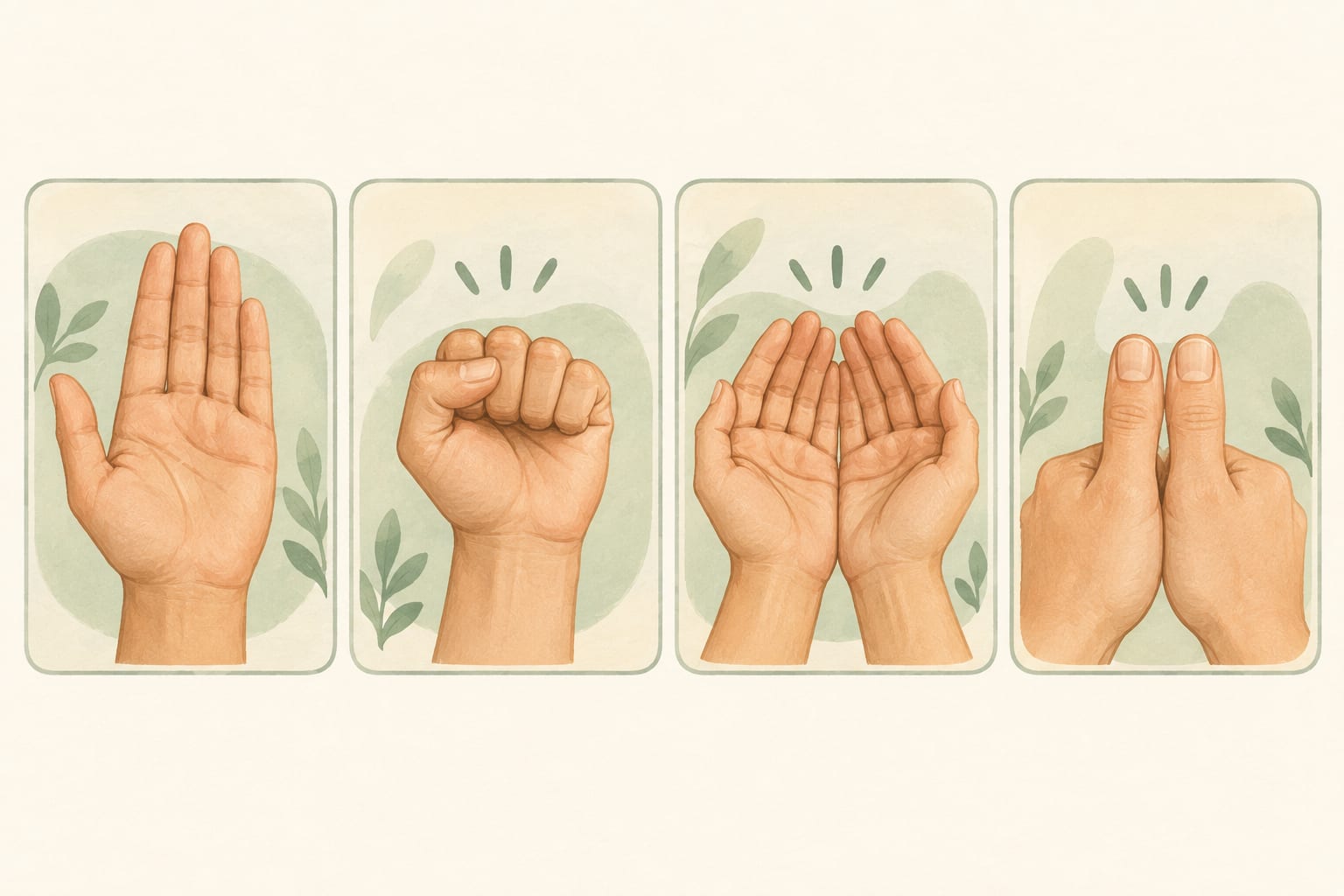 A hand shown four ways as portion guides: open palm, closed fist, two cupped hands, and two thumbs together