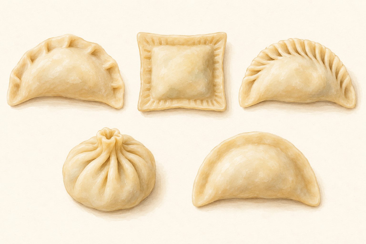 Illustrated chart of filled dumplings from different cuisines showing shape and sealing variations