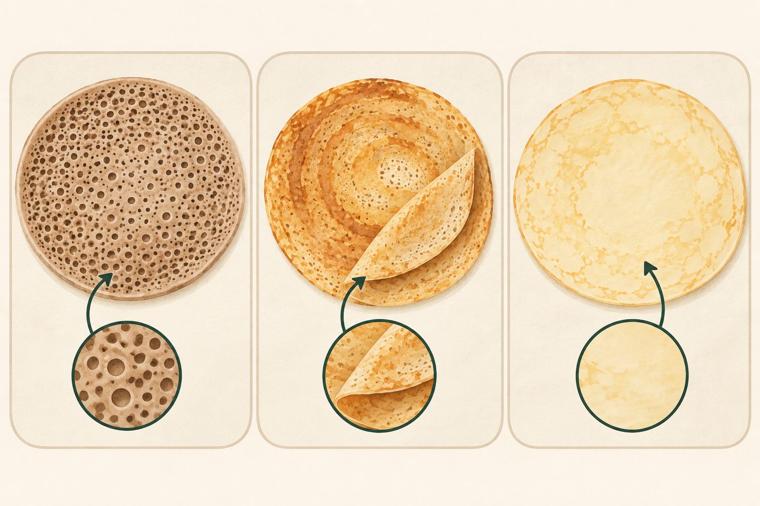 Illustrated side-by-side of injera, dosa and a crepe with arrows pointing to surface texture and thickness differences