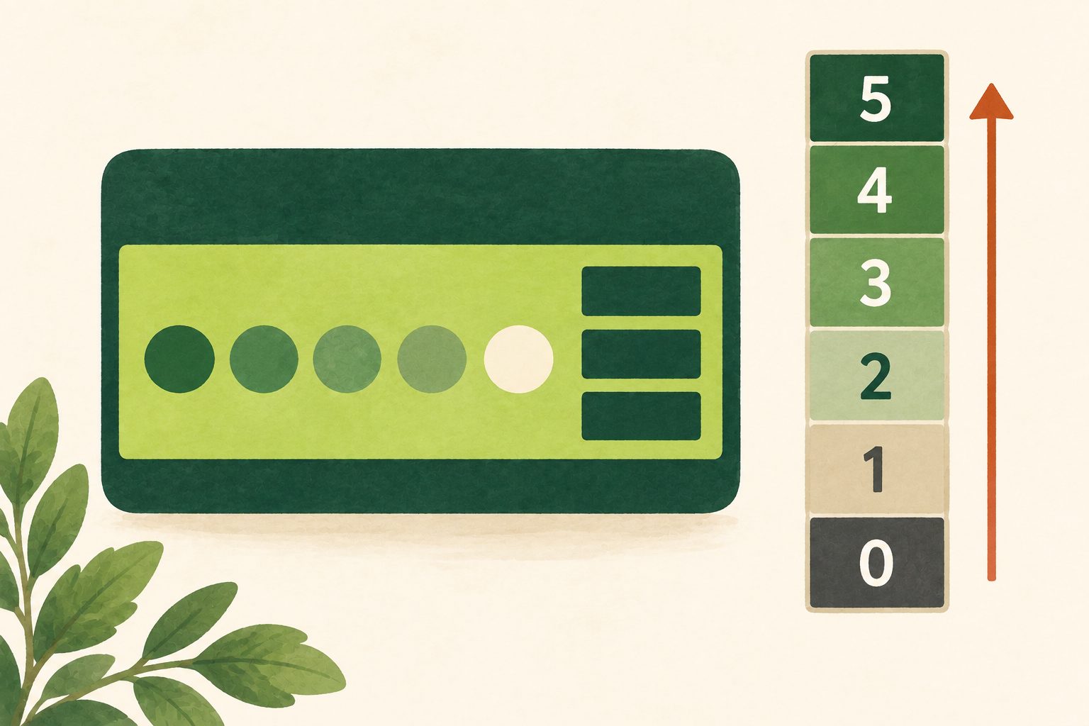 Illustrated food hygiene rating scale from 0 at the bottom to 5 at the top beside a green-and-black sticker.