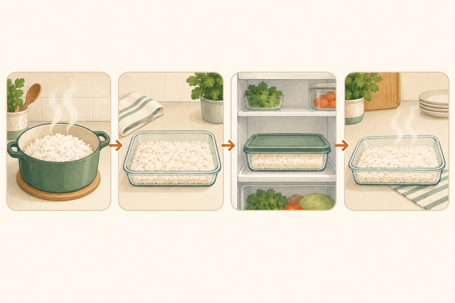Illustrated sequence of rice cooling in a shallow container, chilling in a fridge, then reheating until steaming.
