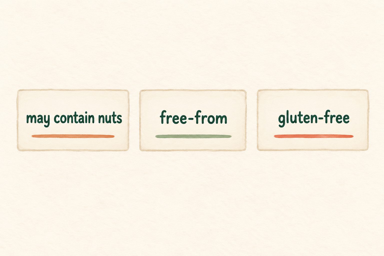 Illustrated tiles reading “may contain nuts”, “free-from” and “gluten-free”.