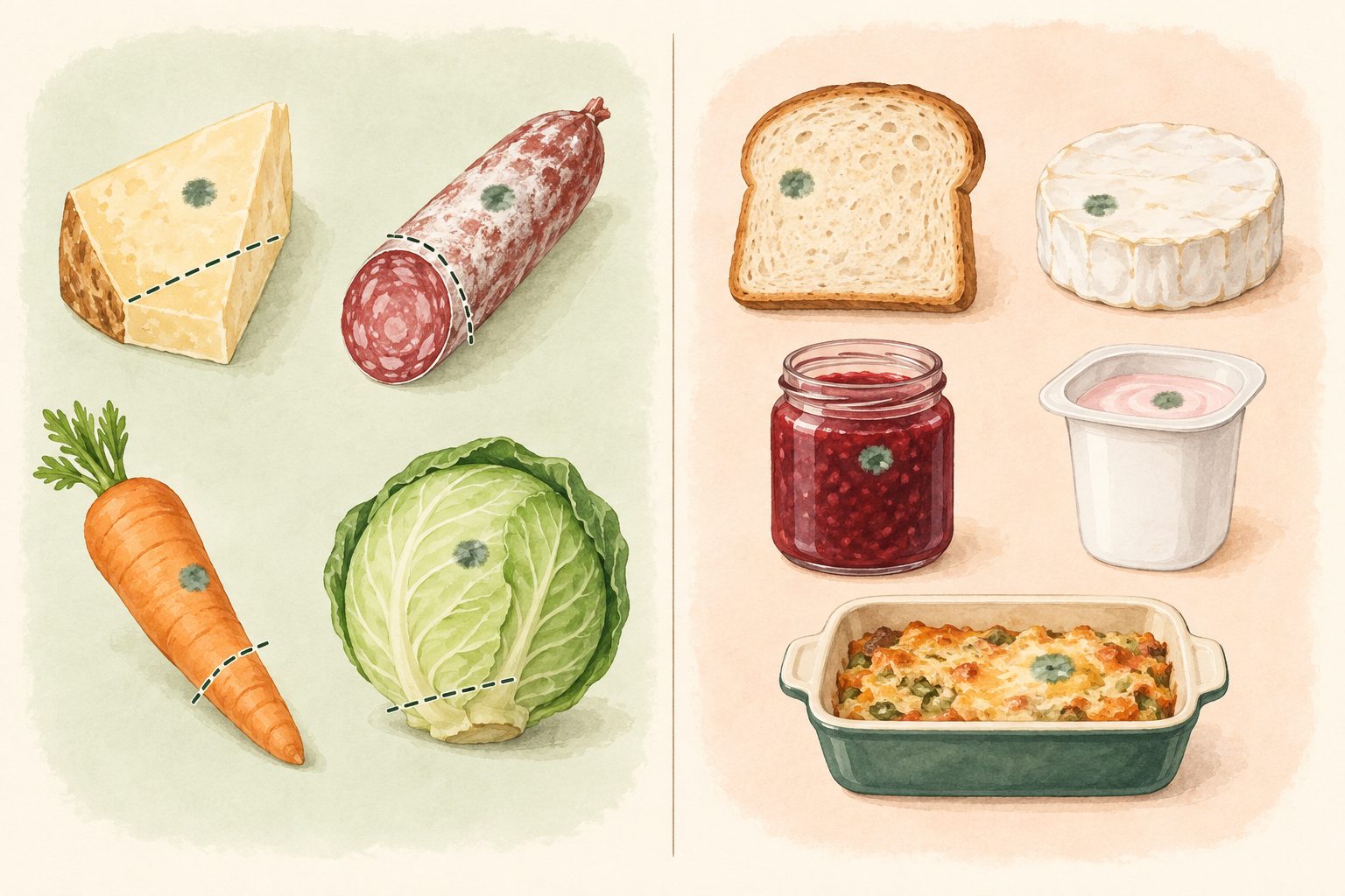 Illustrated chart grouping spotted firm foods for trimming beside soft foods and leftovers for discarding.