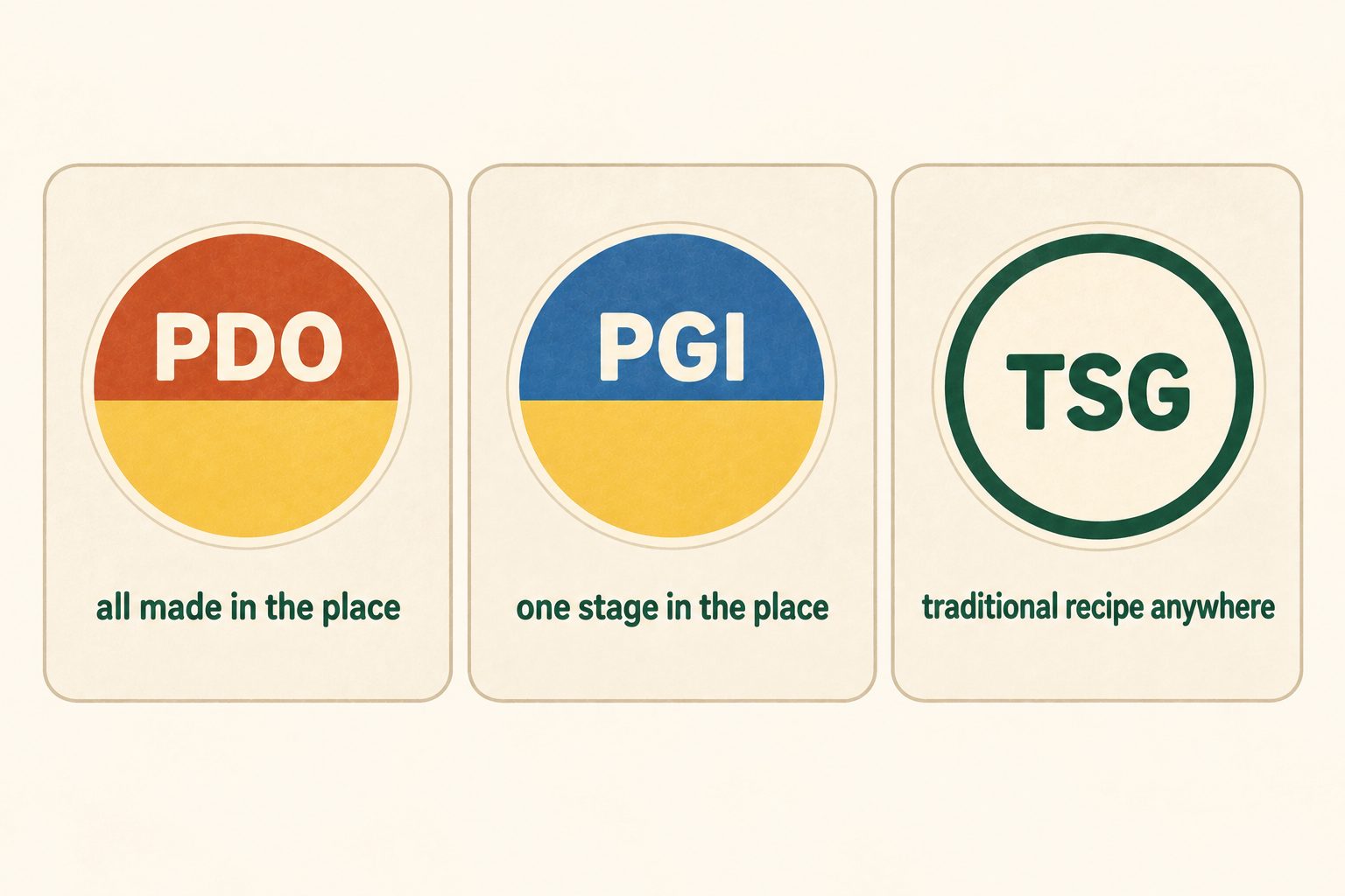Illustrated PDO, PGI and TSG-style marks each captioned with what the scheme requires