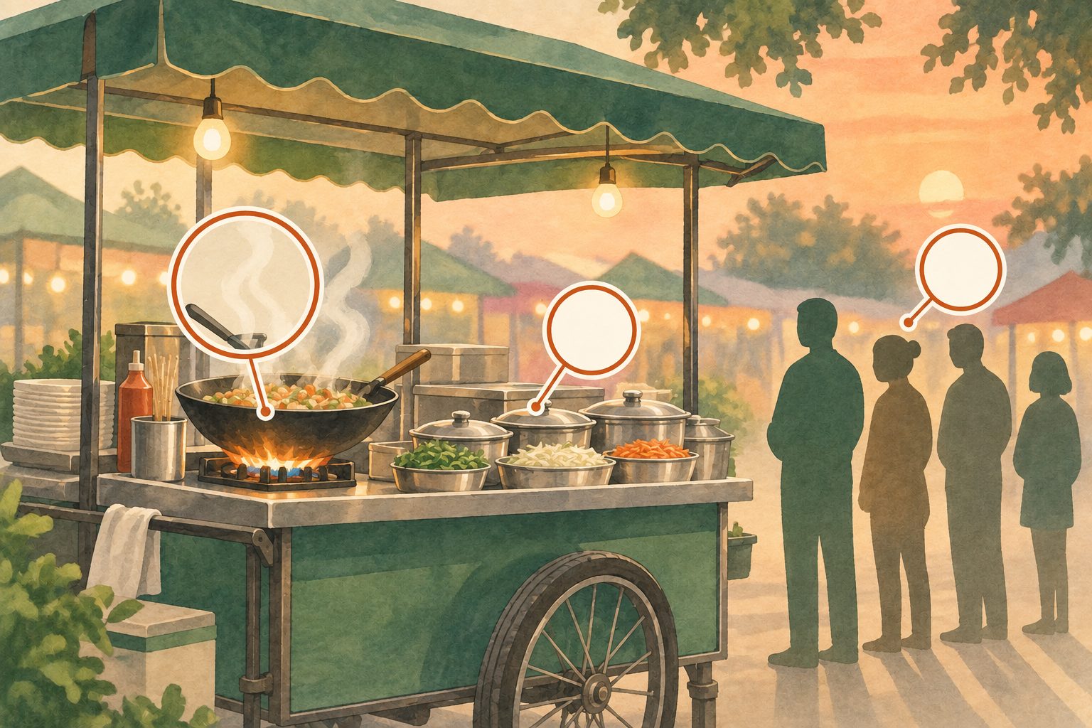 Illustration of a busy street-food stall with callouts for food cooked to order, high turnover and covered ingredients