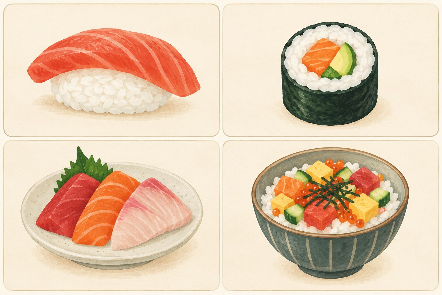 Illustrated comparison panels of nigiri, maki roll, sashimi slices and a chirashi bowl showing the structural differences